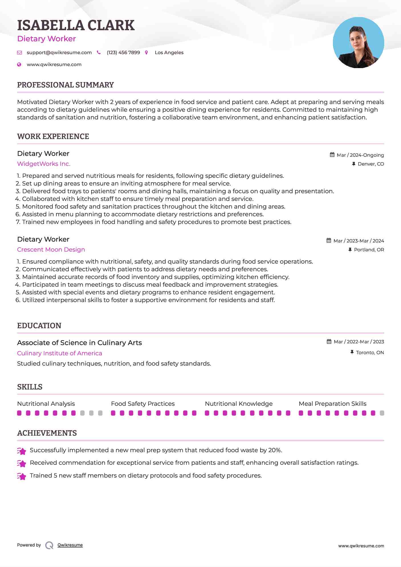 Dietary Worker Resume Model