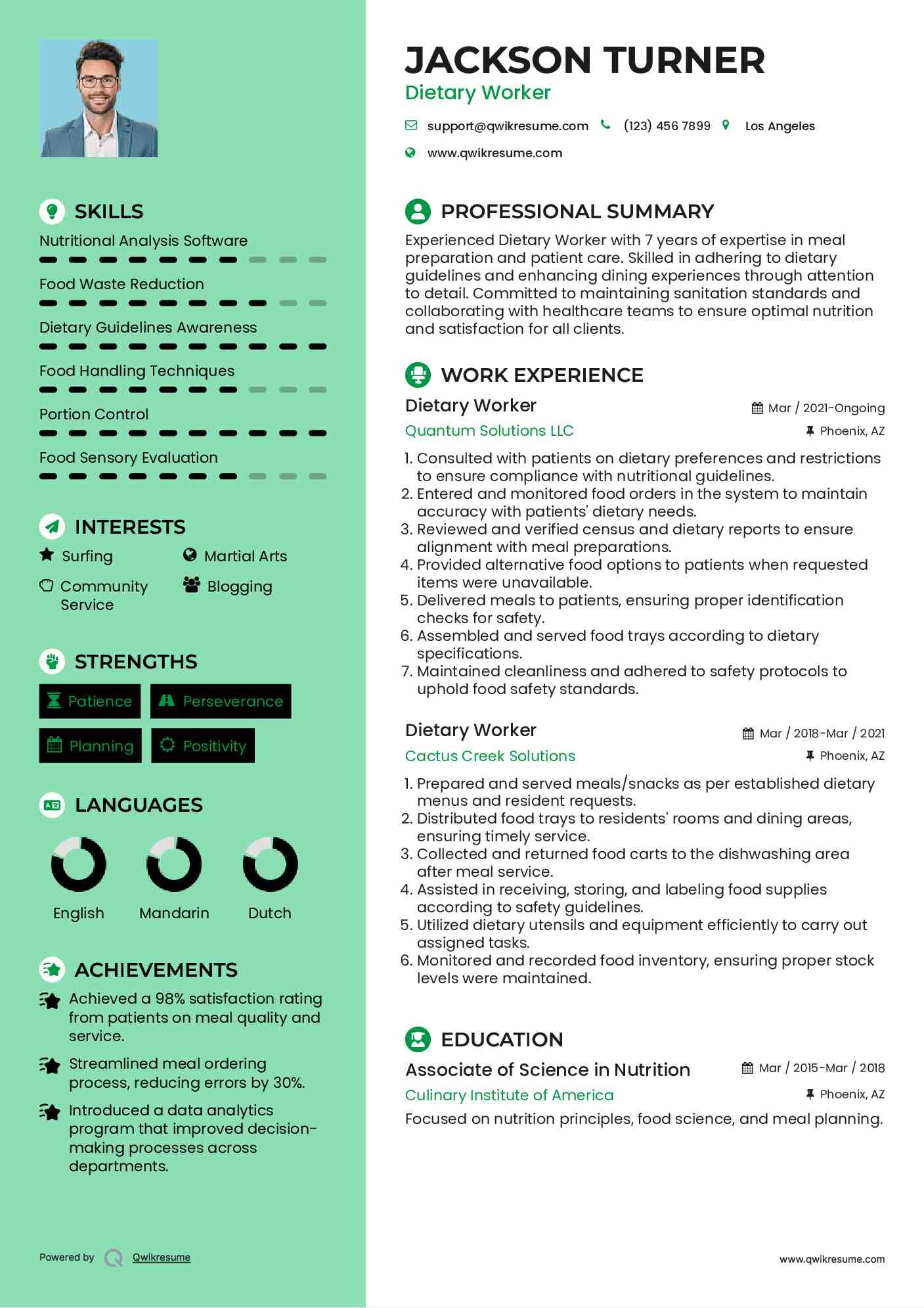 Dietary Worker Resume Example