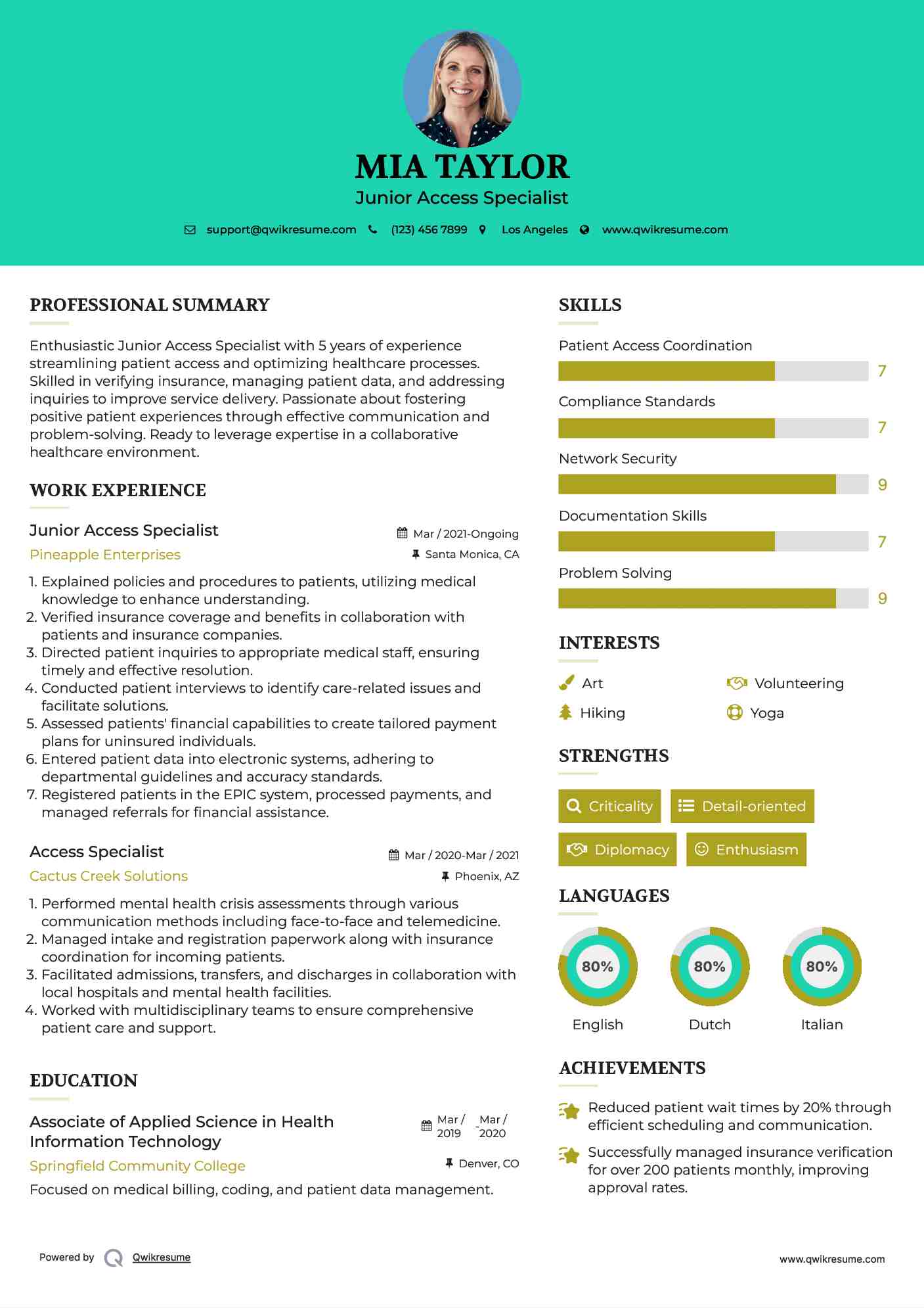 Junior Access Specialist  Resume Model