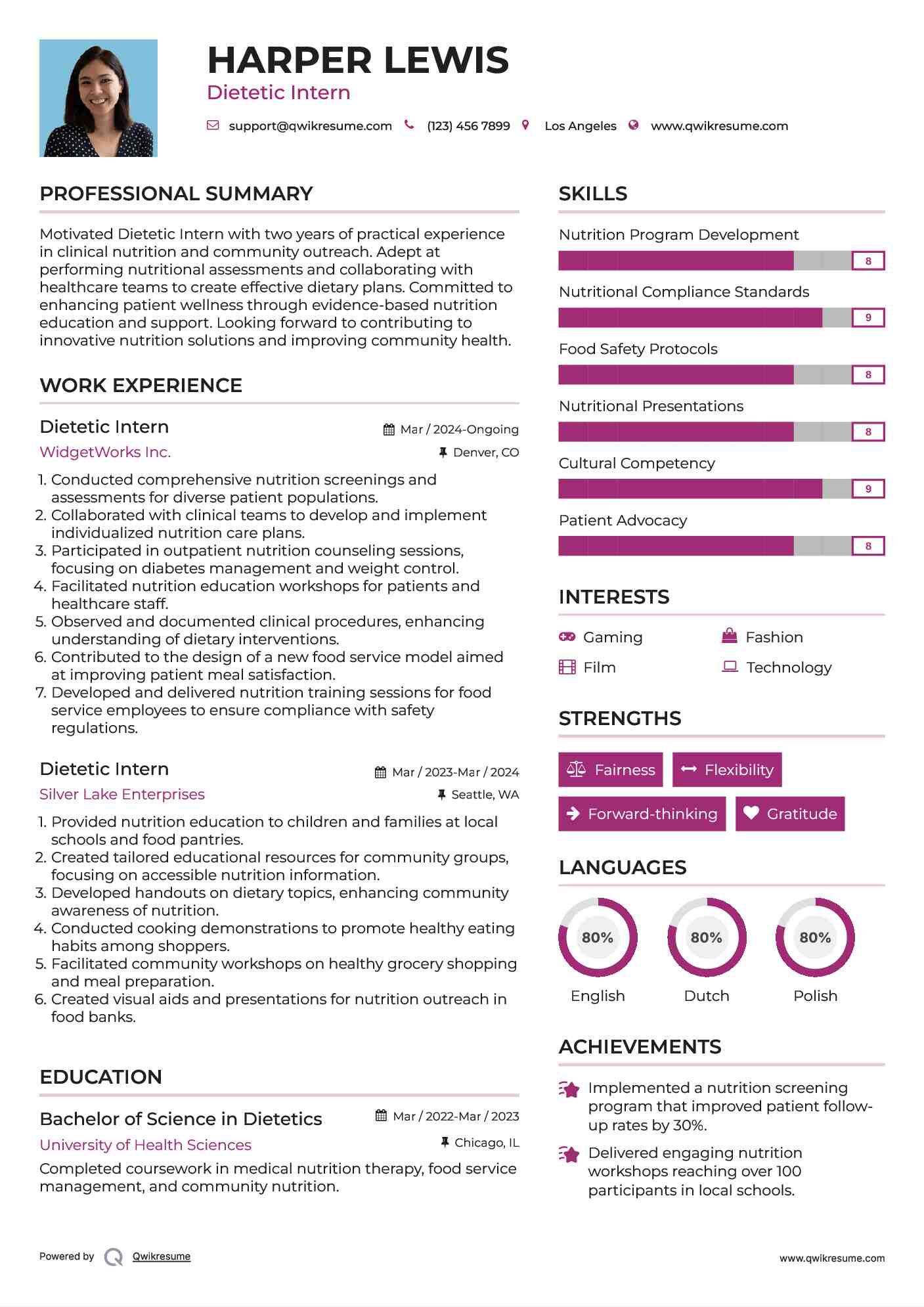 Dietetic Intern Resume Example