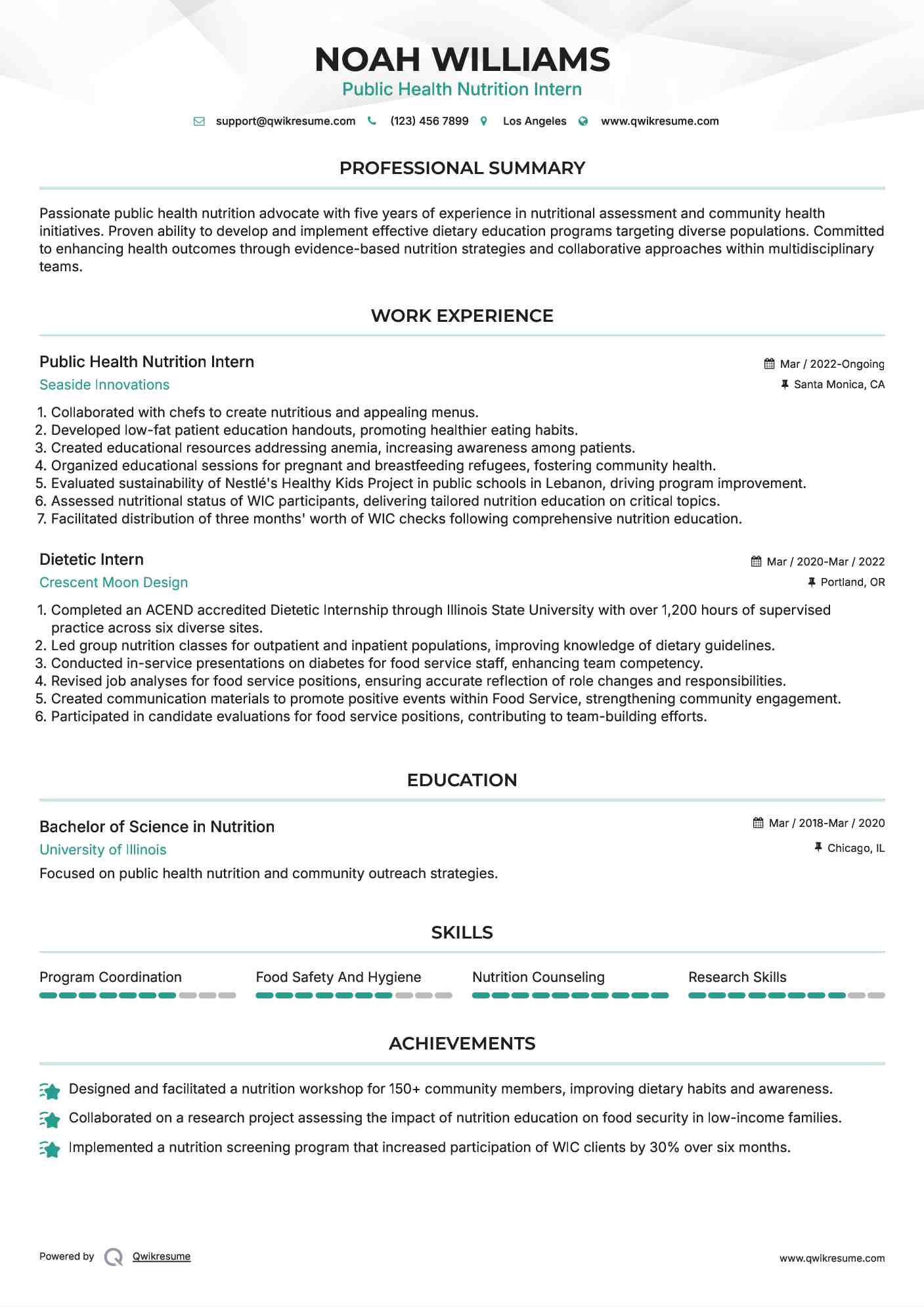 Dietetic Intern Resume Samples QwikResume