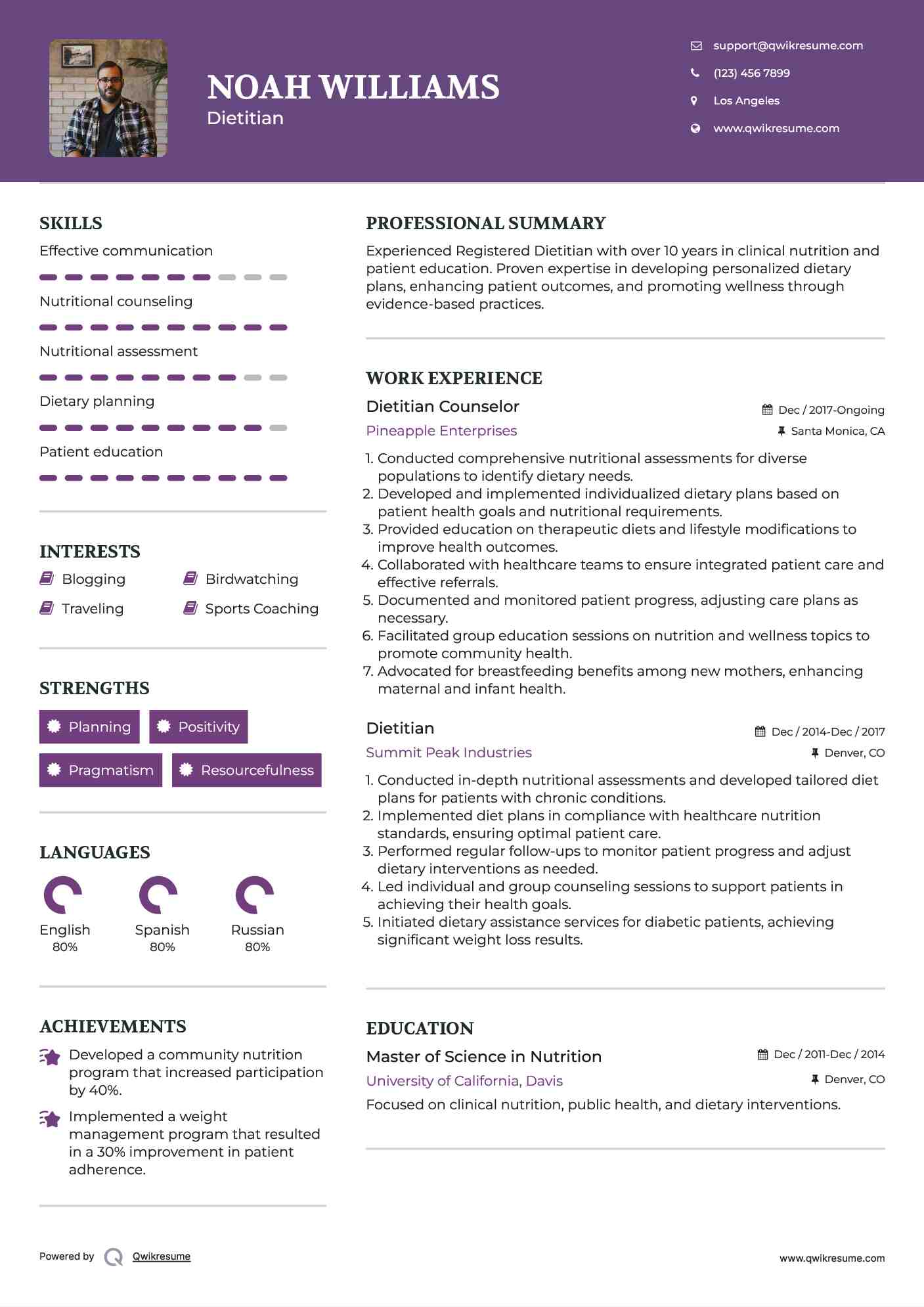 Dietitian Counselor Resume Example