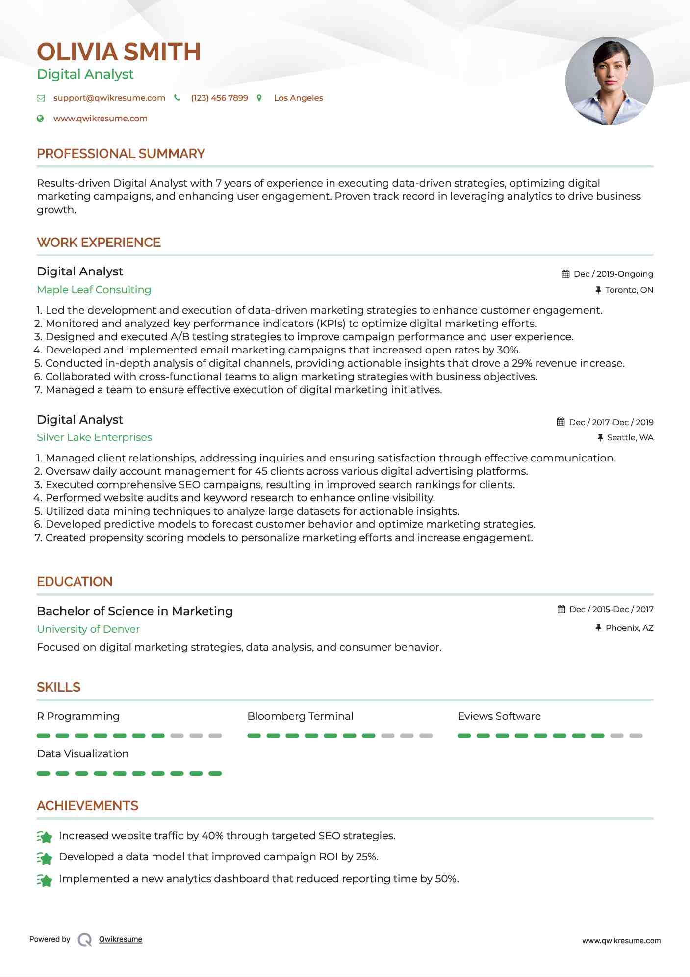Digital Analyst Resume Example