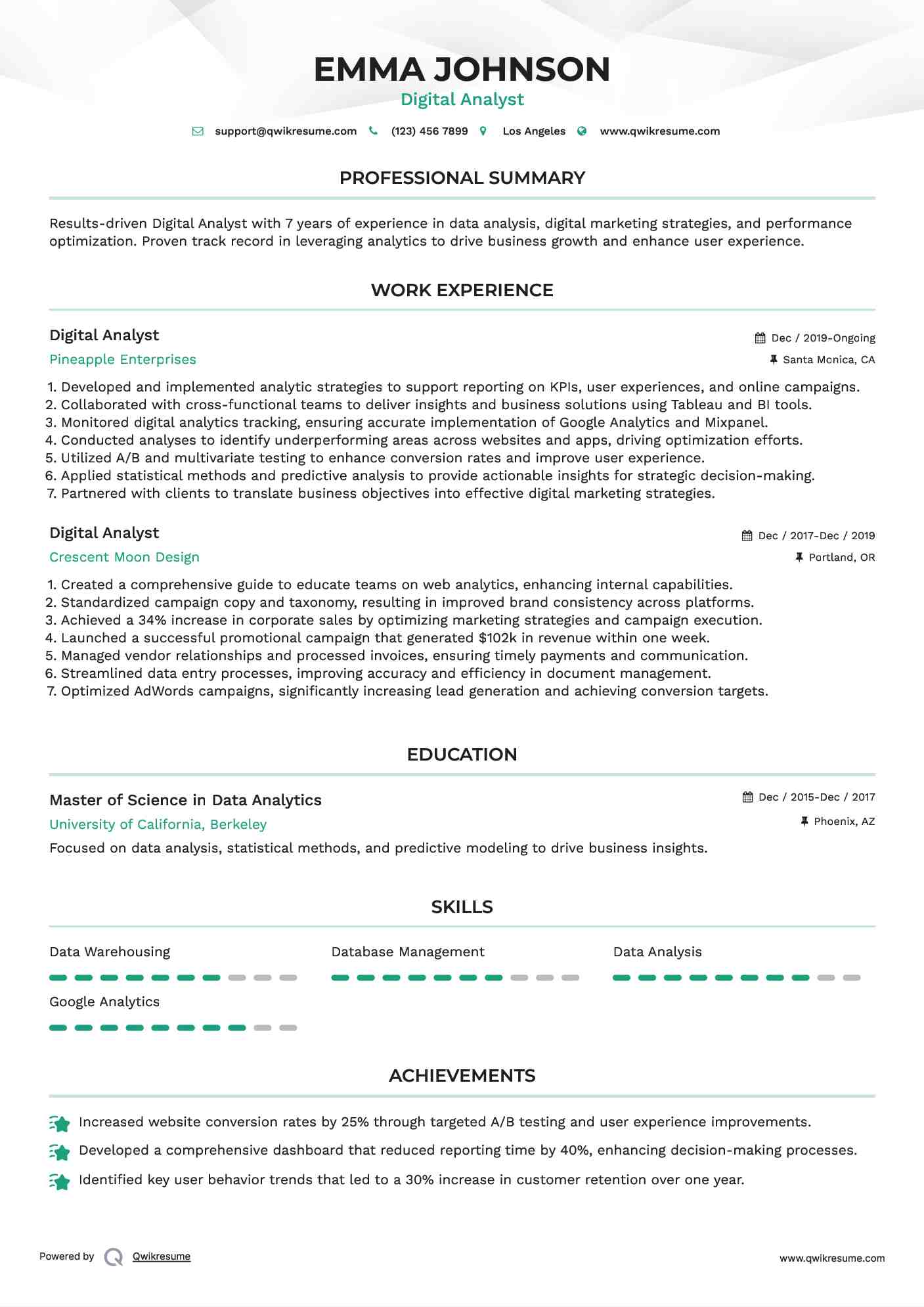 Digital Analyst Resume Model