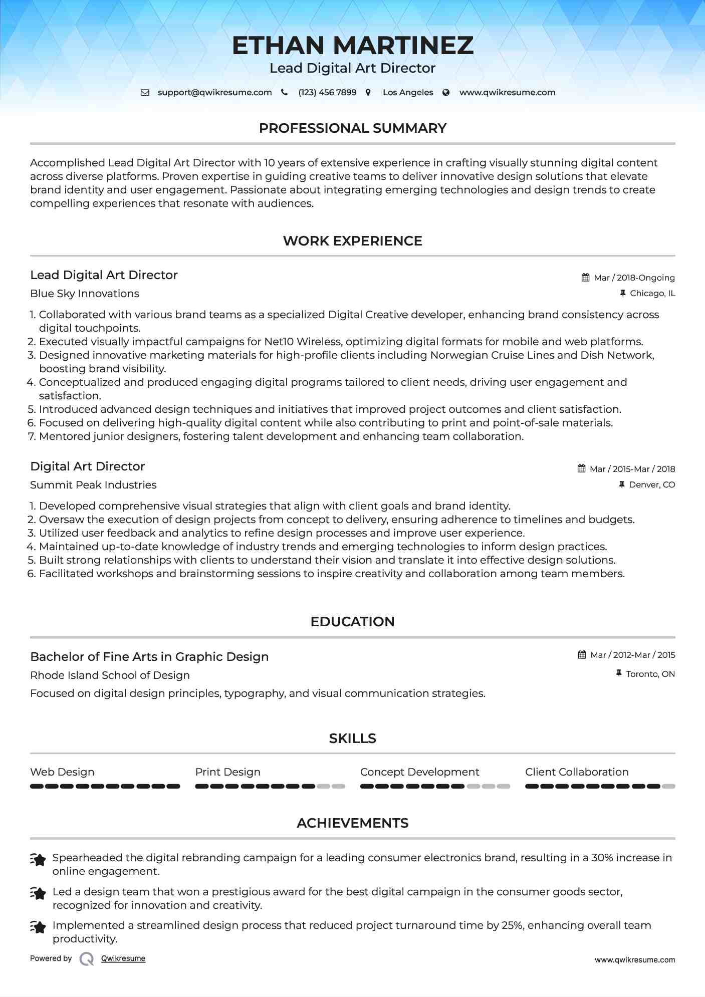 Lead Digital Art Director Resume Sample