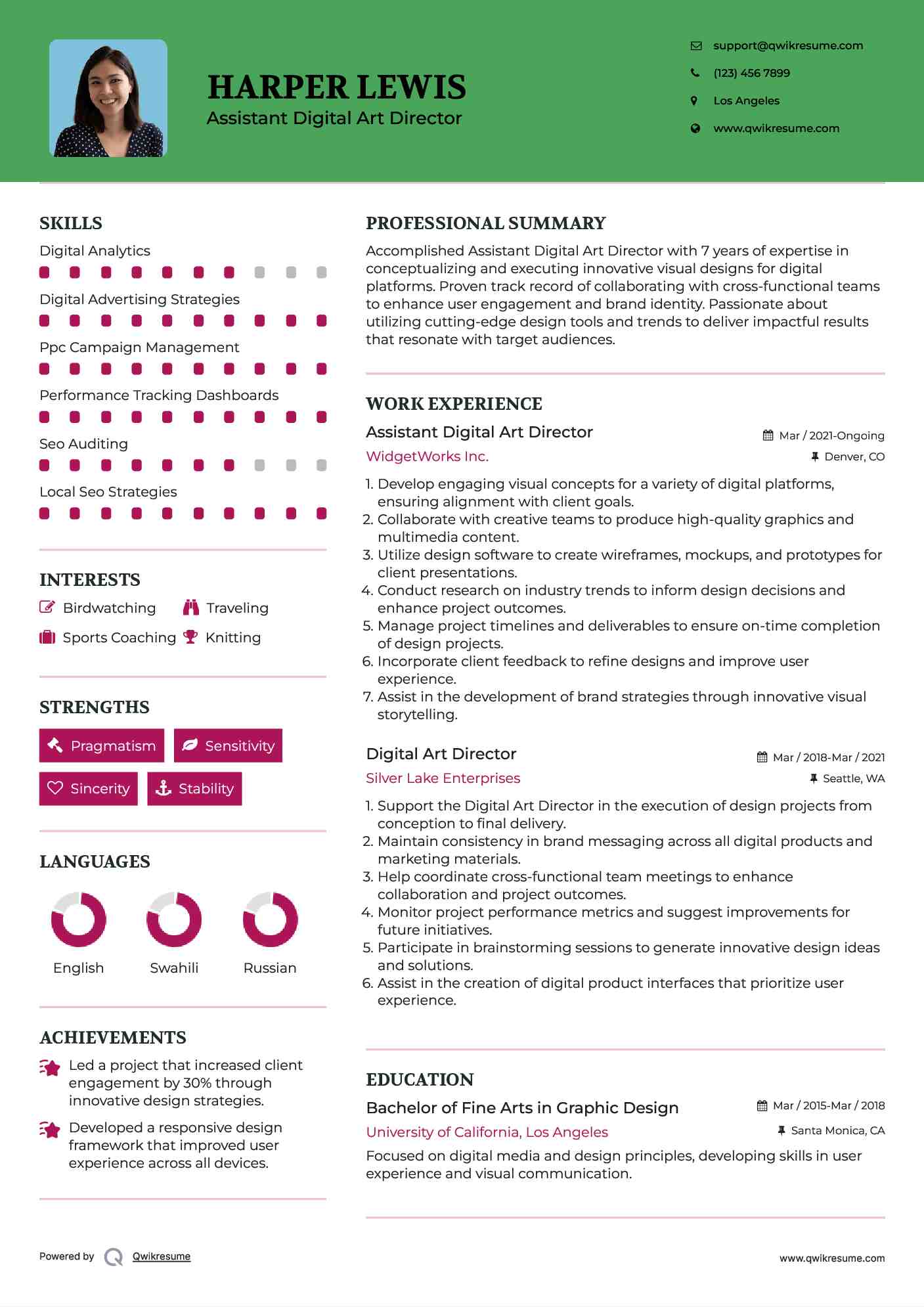 Assistant Digital Art Director Resume Sample
