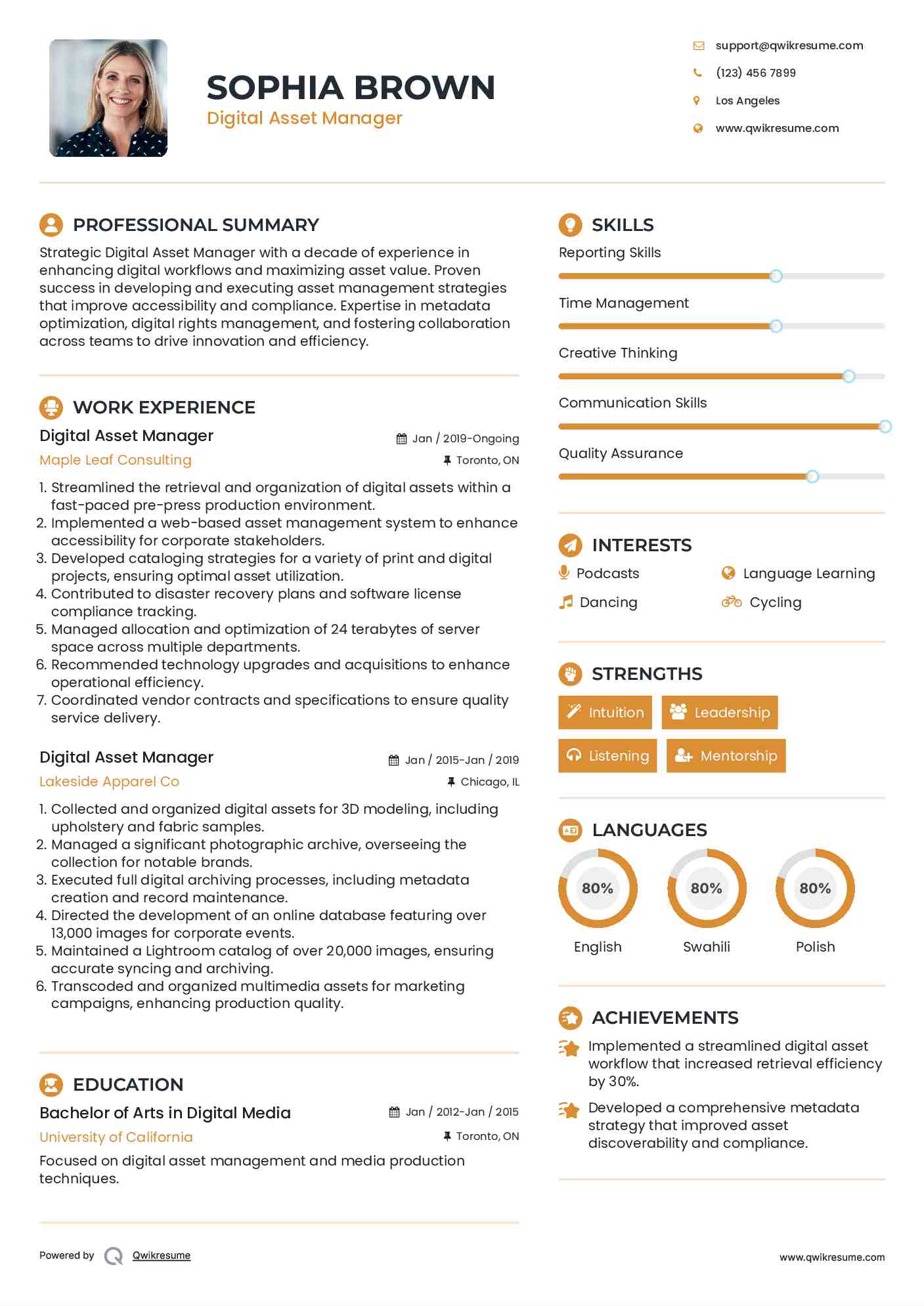 Digital Asset Manager Resume Format
