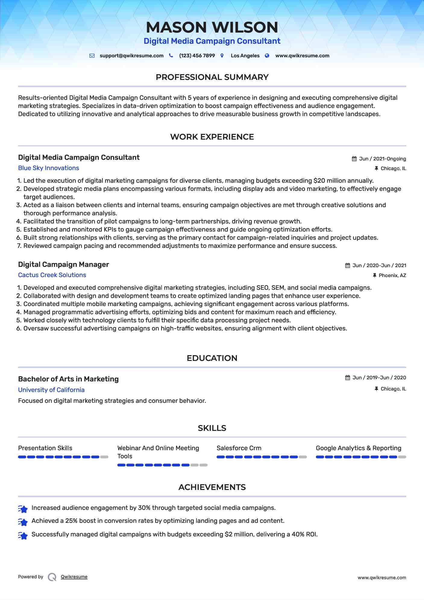 Digital Media Campaign Consultant Resume Model