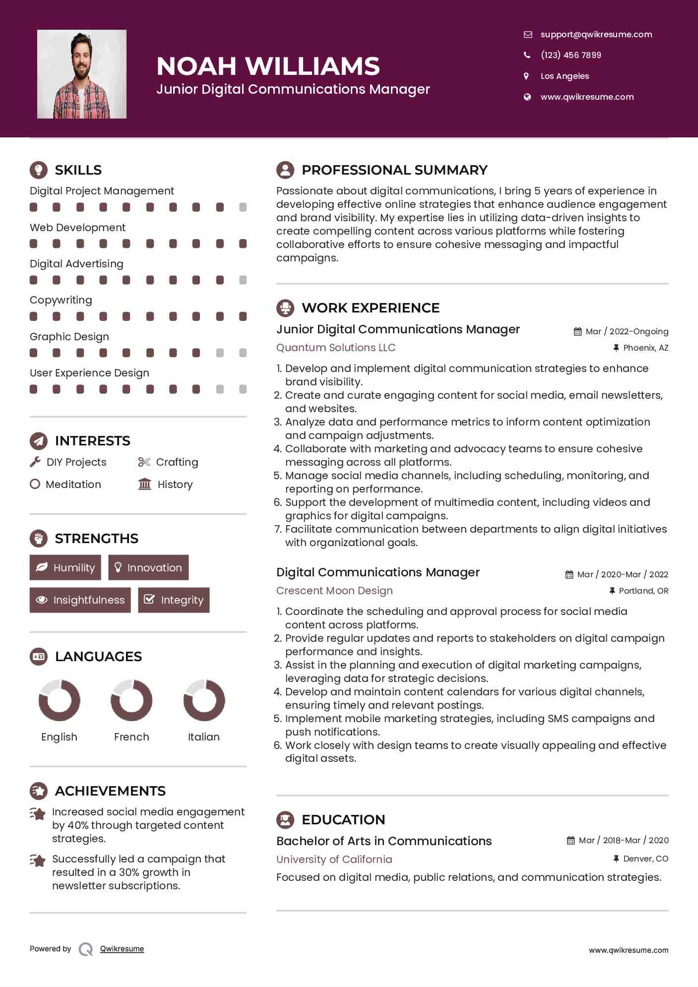 Junior Digital Communications Manager Resume Example