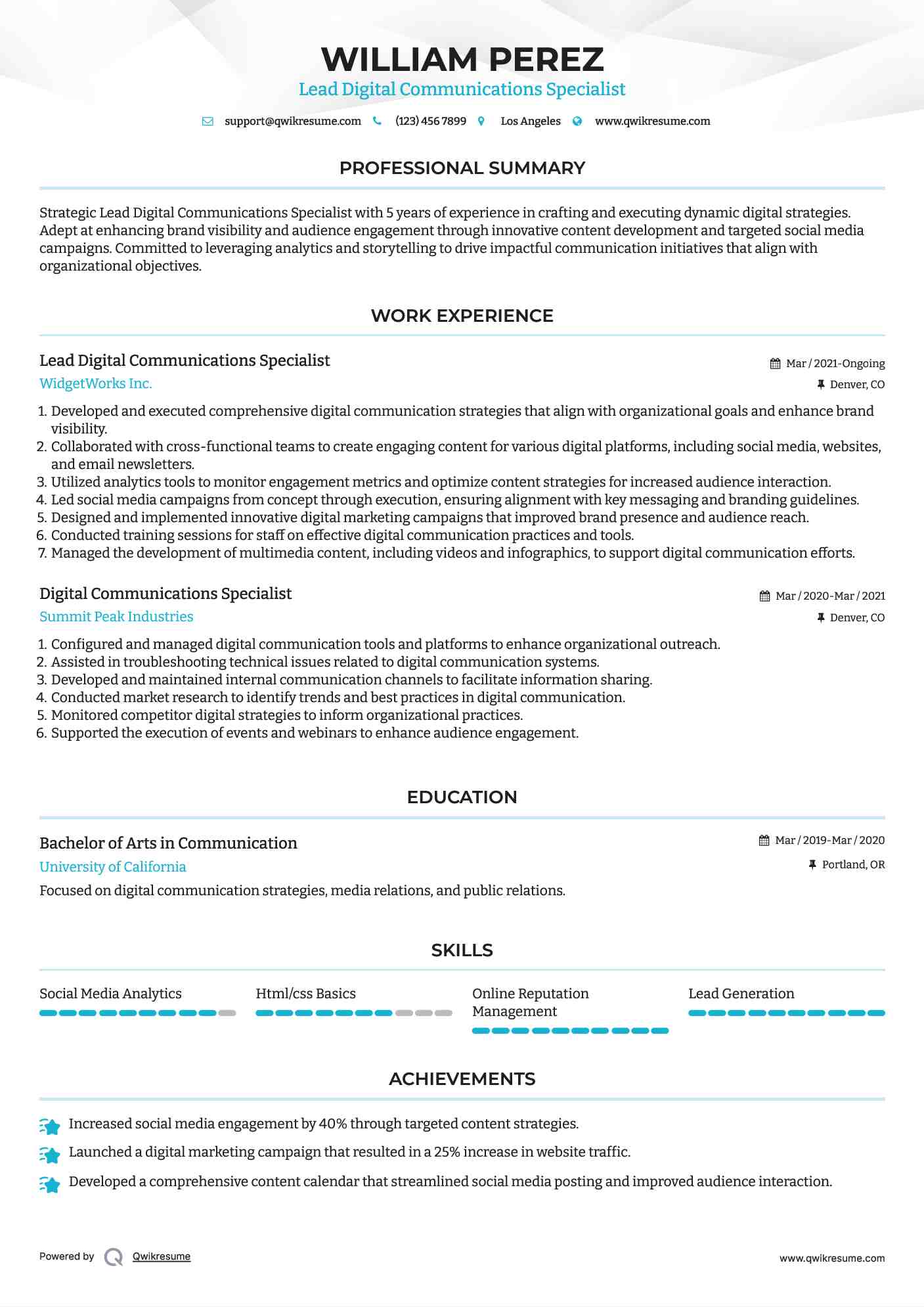 Lead Digital Communications Specialist Resume Model
