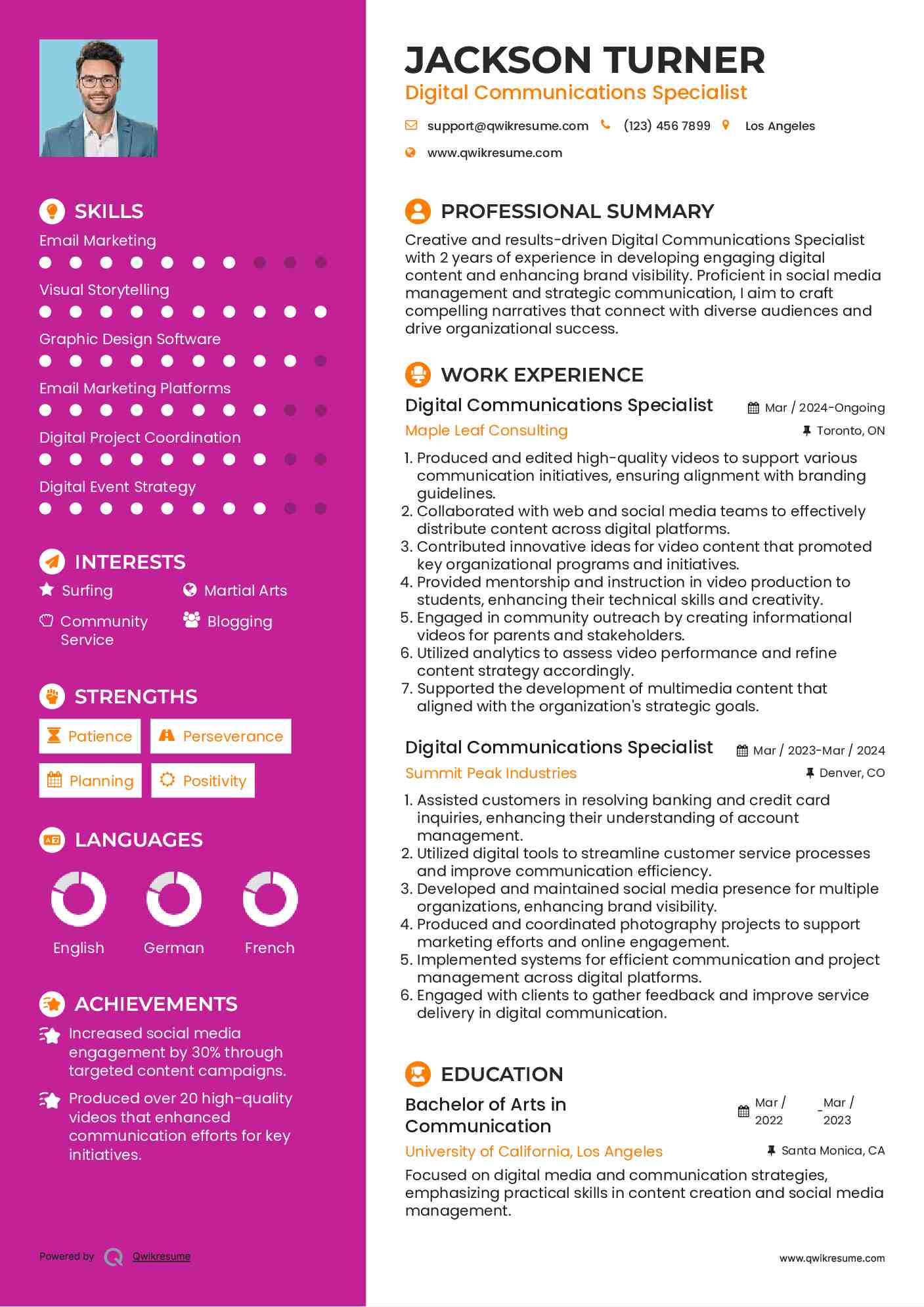 Digital Communications Specialist Resume Sample