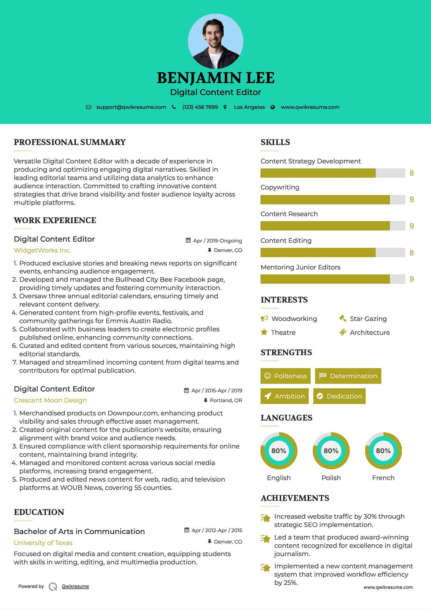 Digital Content Editor Resume Model