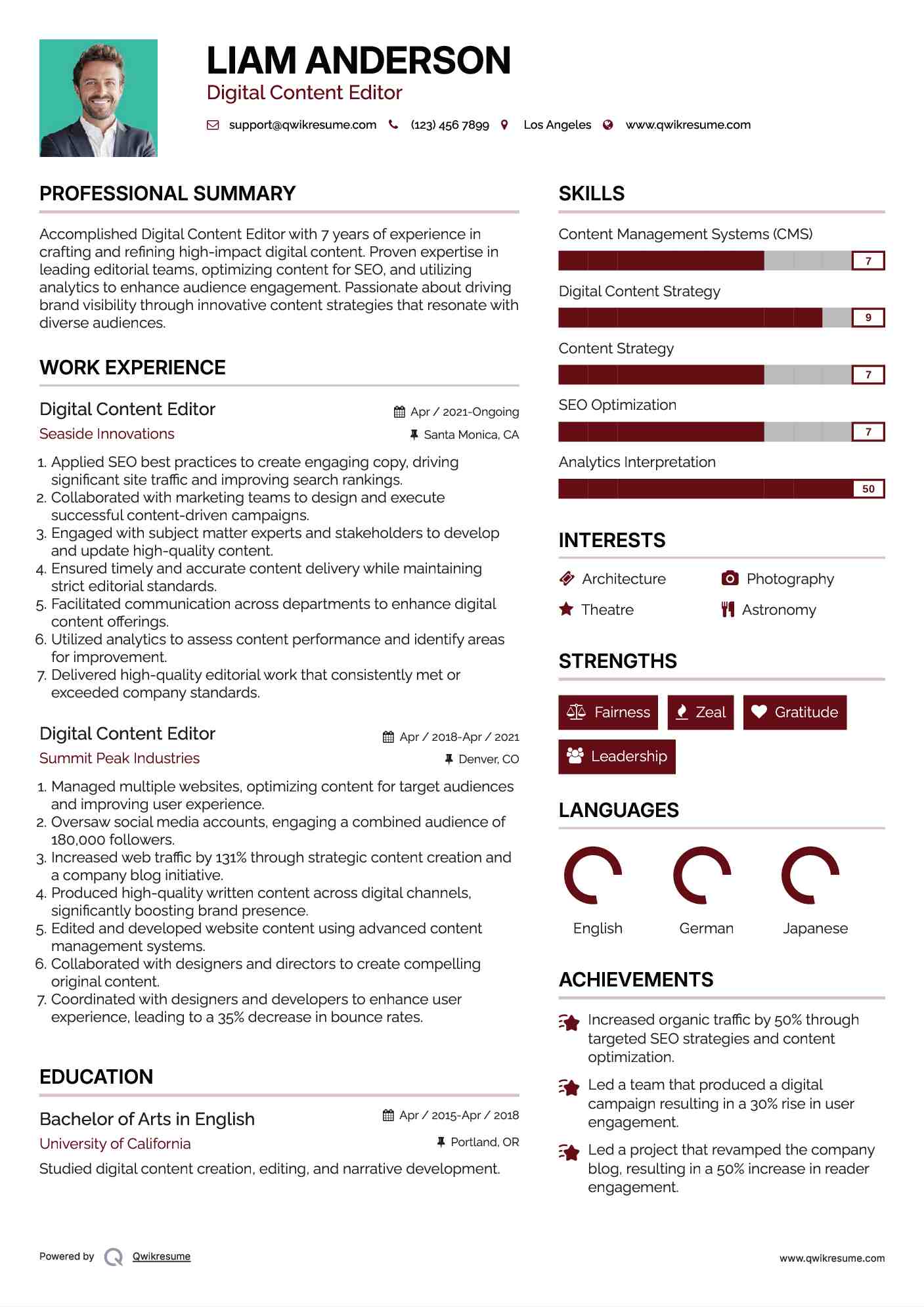 Digital Content Editor Resume Example