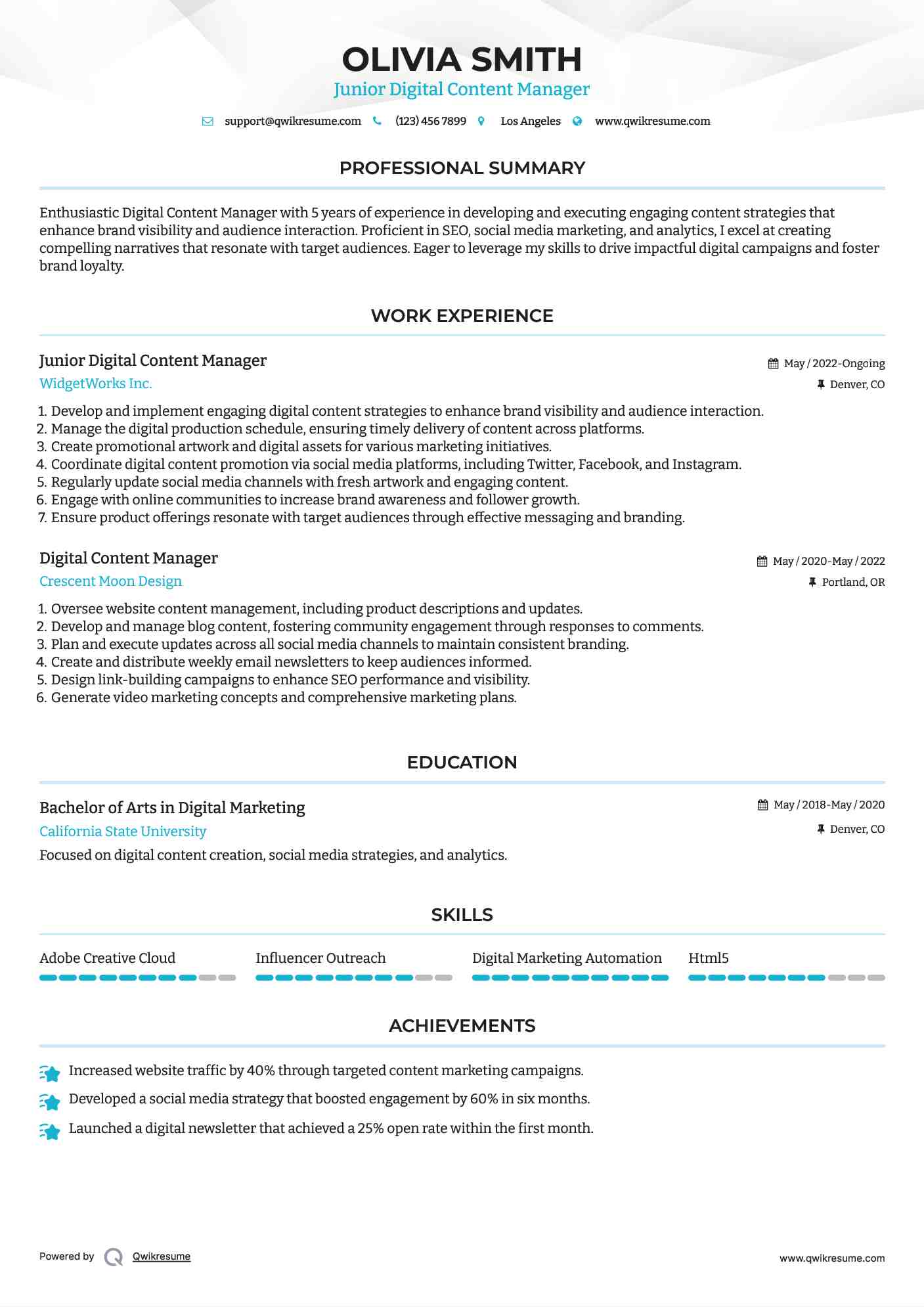 Junior Digital Content Manager  Resume Example