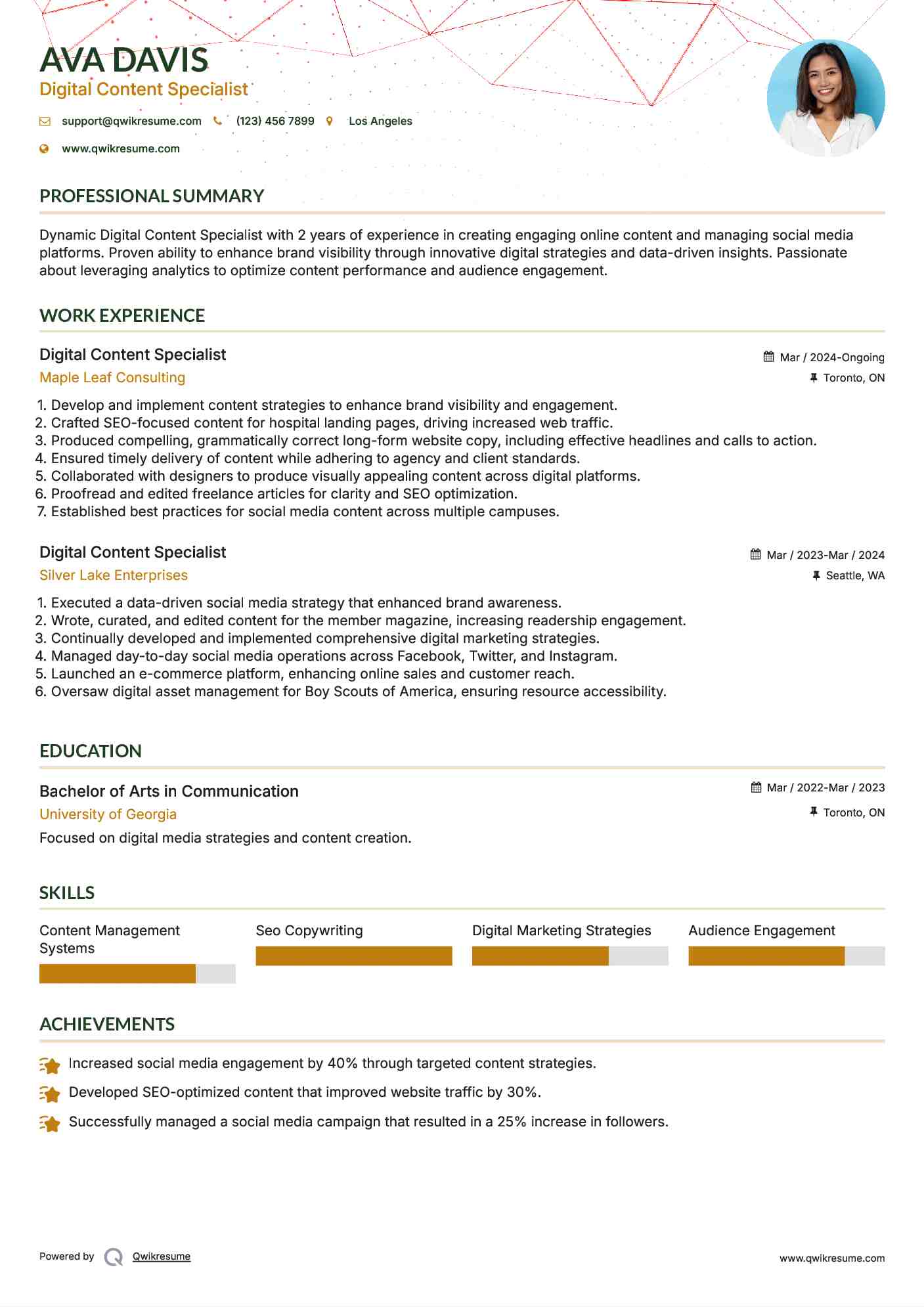 Digital Content Specialist Resume Model