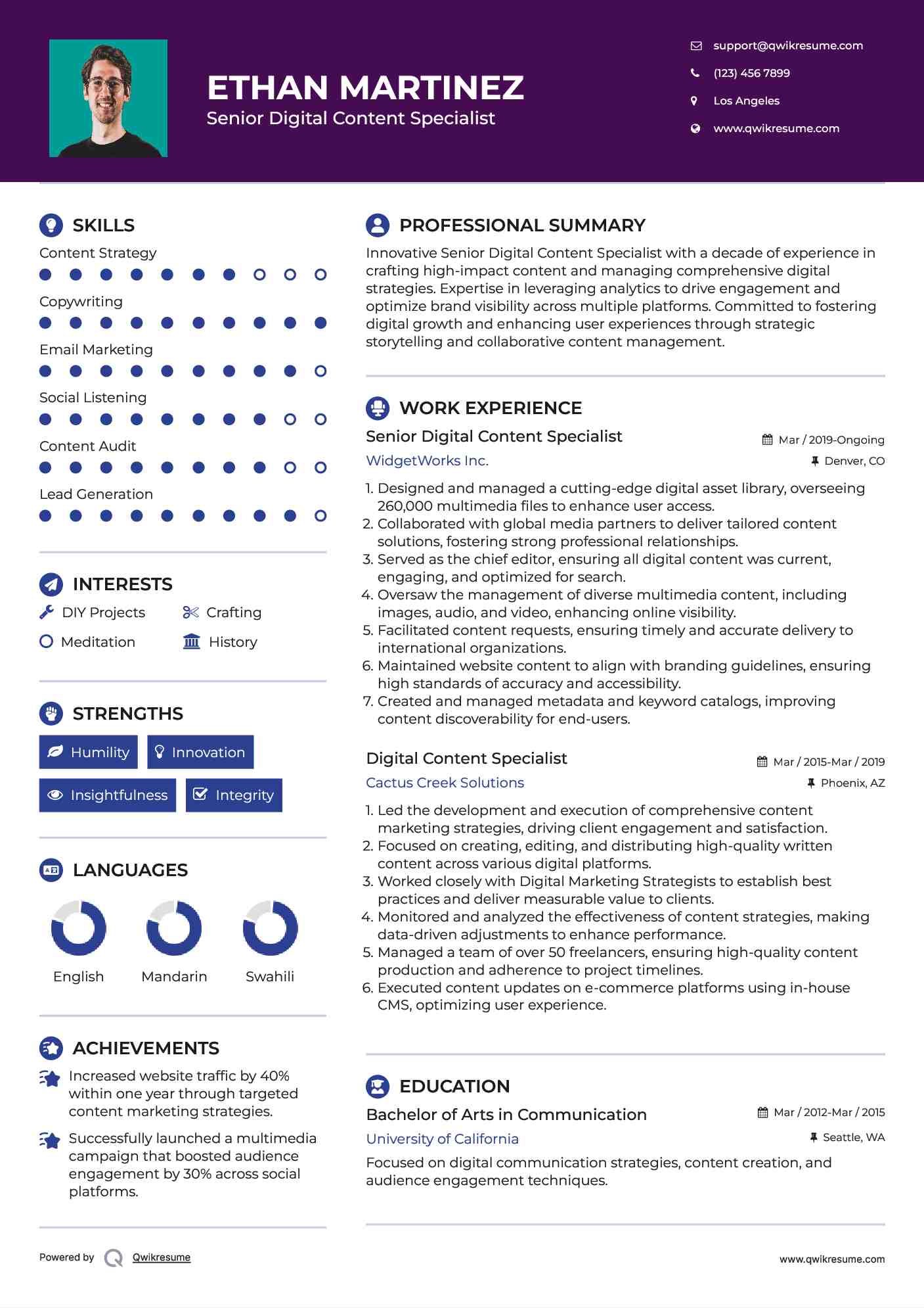 Senior Digital Content Specialist Resume Example