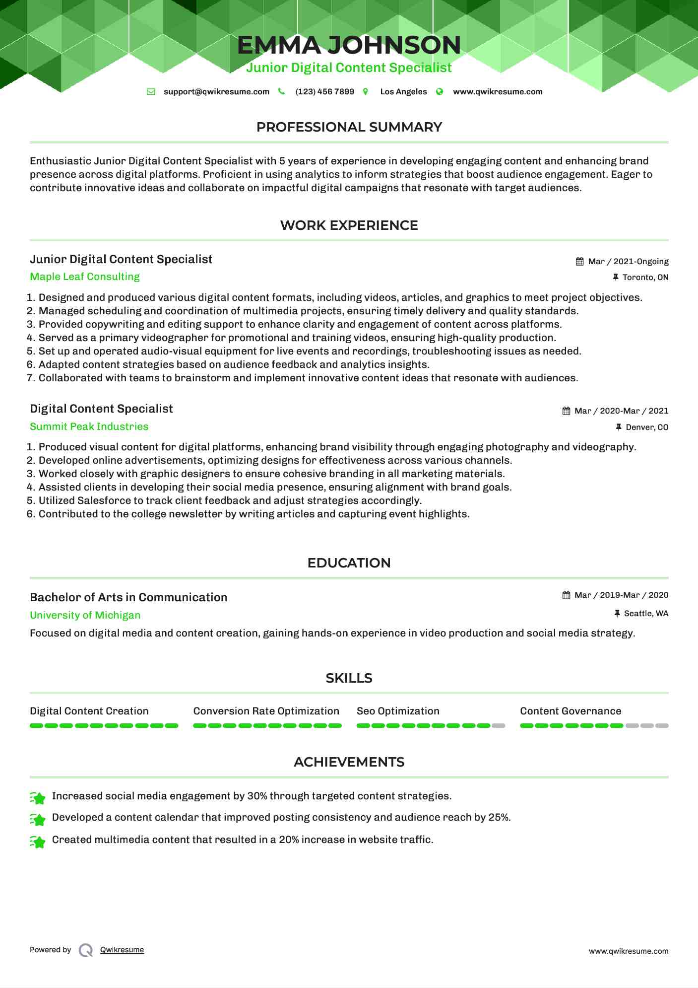 Junior Digital Content Specialist Resume Template