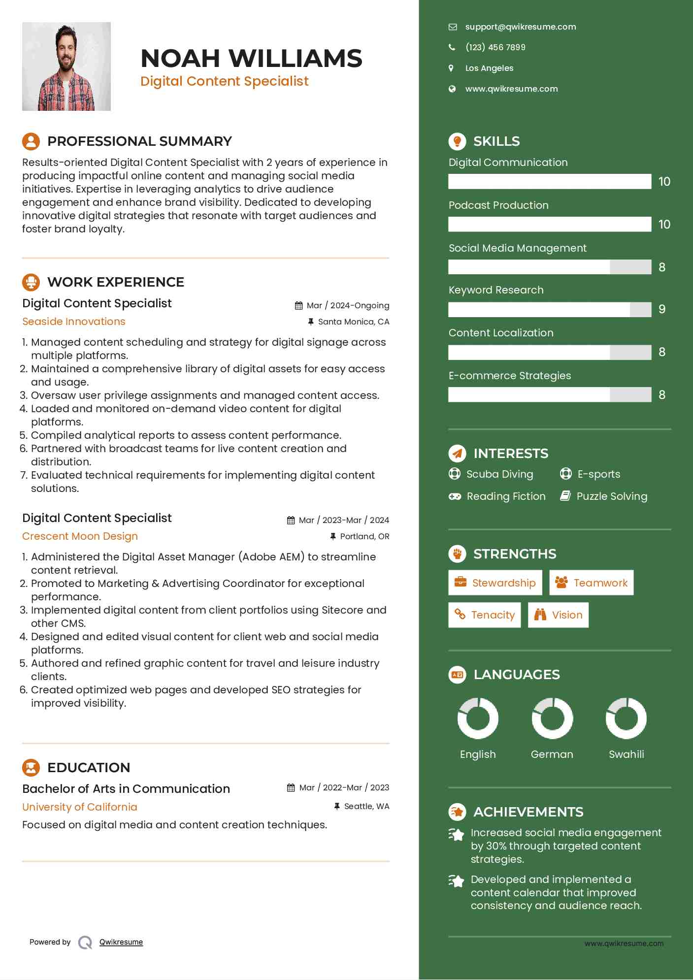 Digital Content Specialist Resume Example