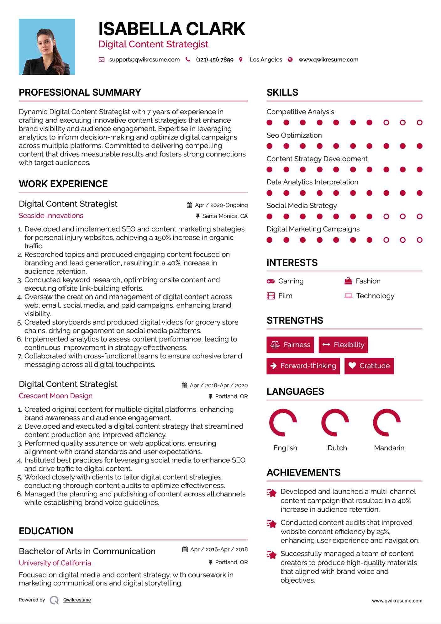 Digital Content Strategist Resume Example