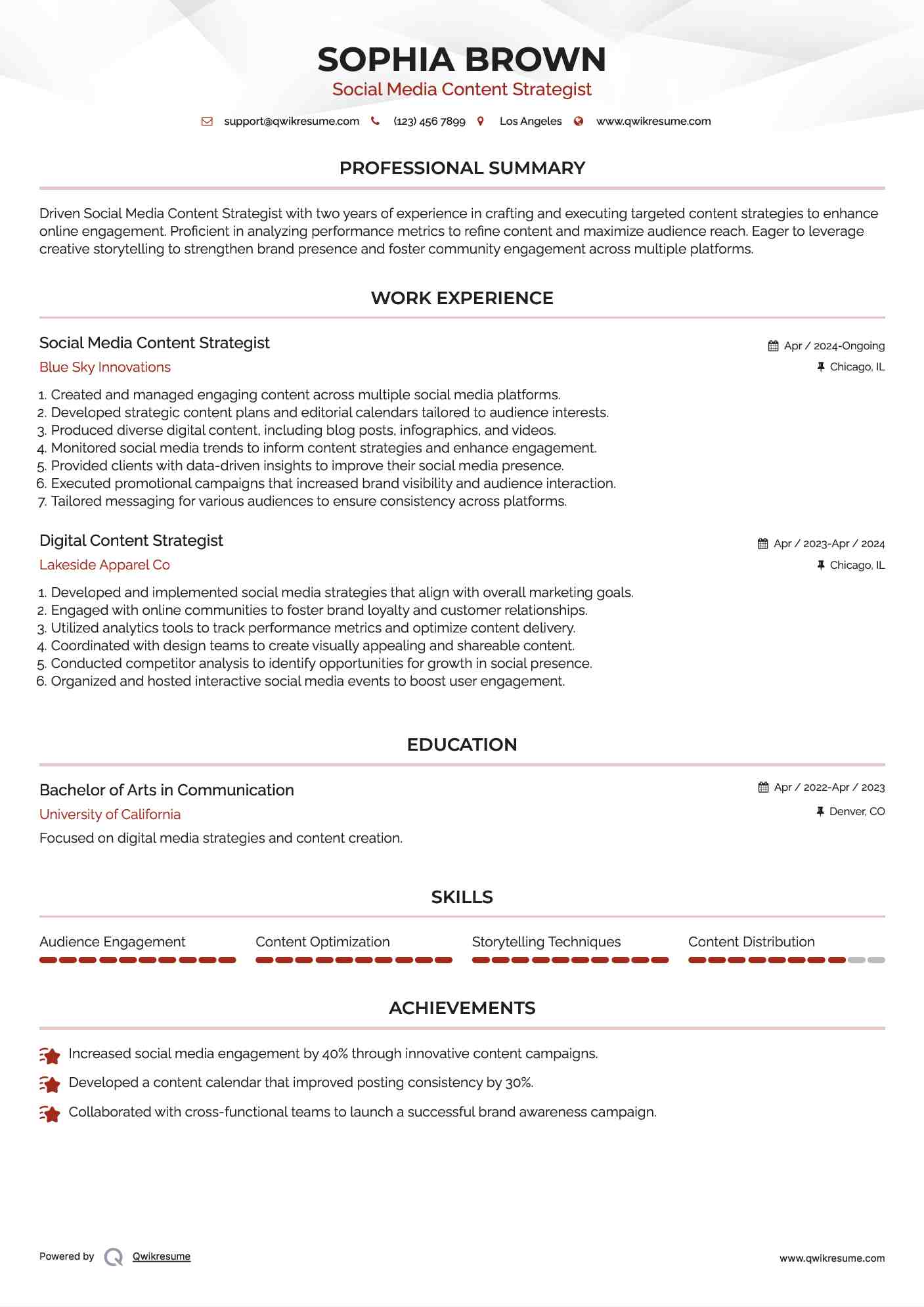 Social Media Content Strategist Resume Example
