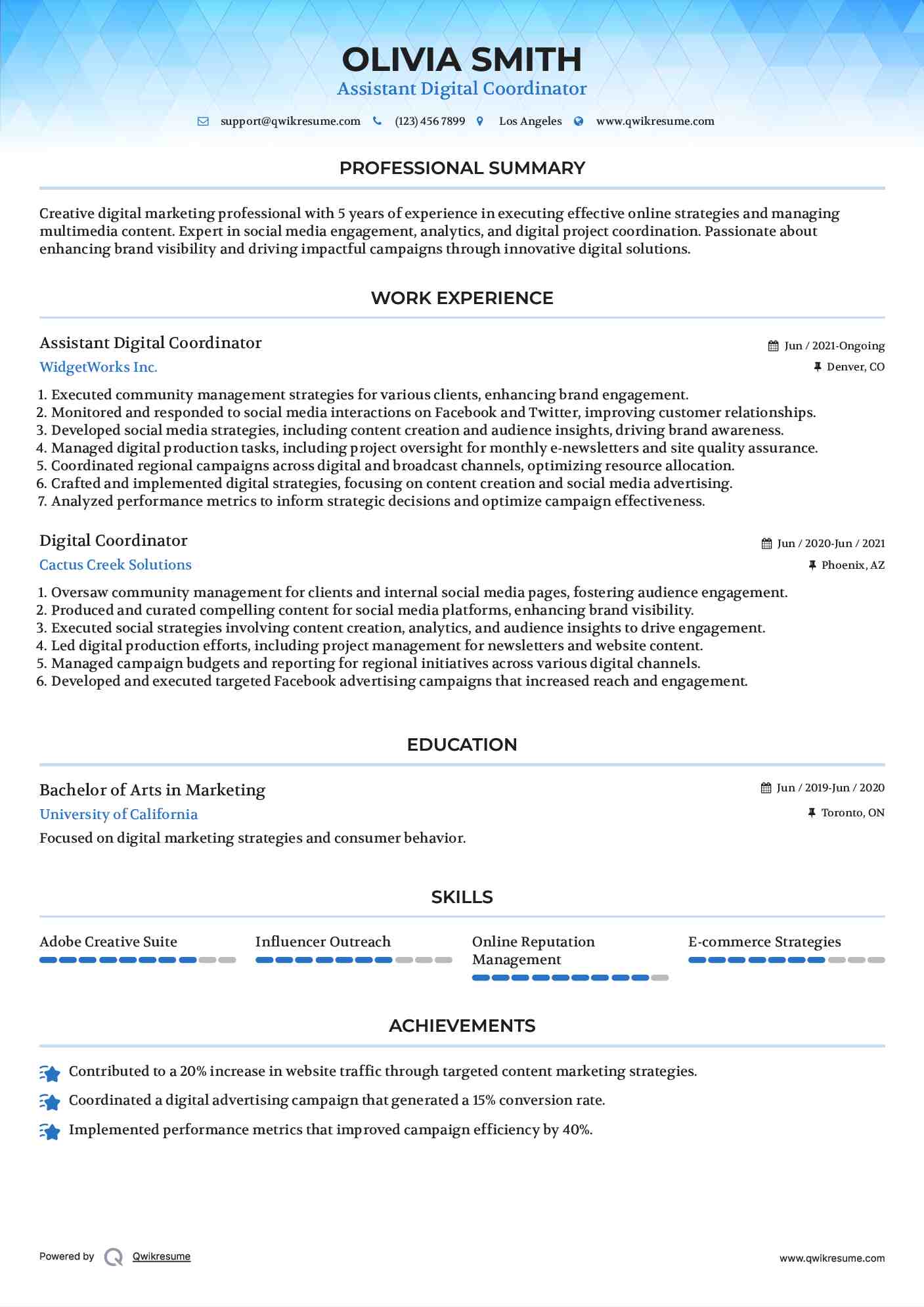 Assistant Digital Coordinator Resume Model