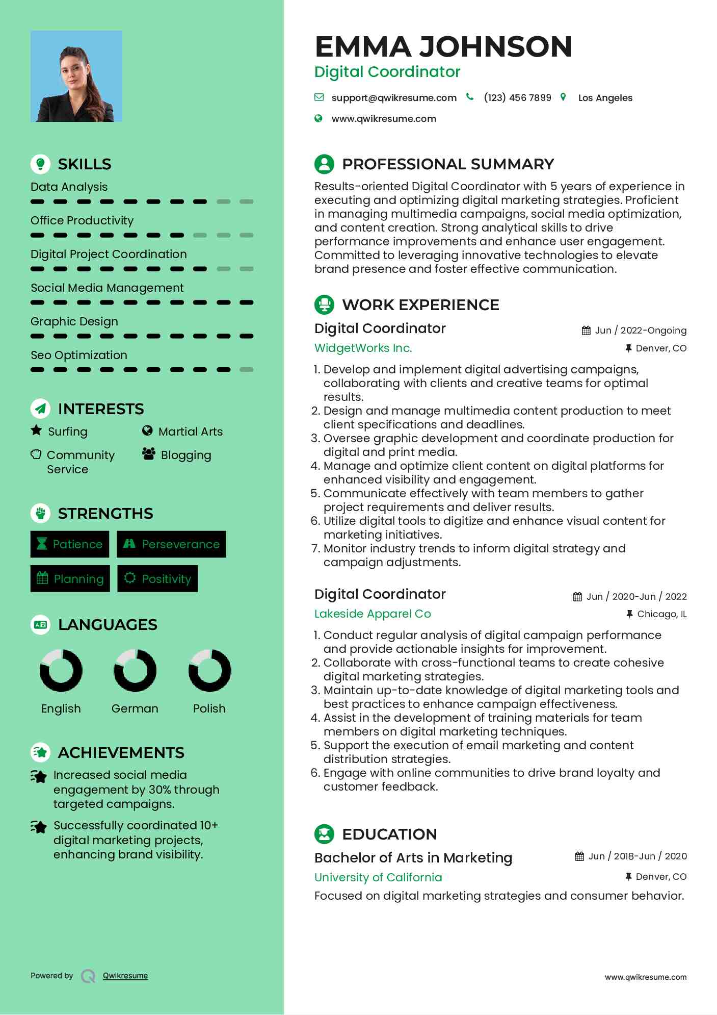 Digital Coordinator Resume Sample