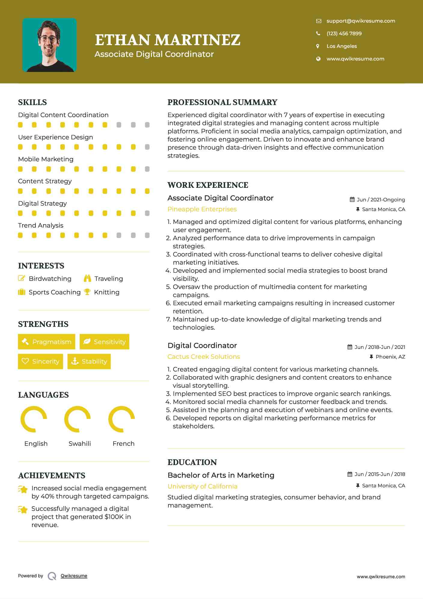 Associate Digital Coordinator Resume Template