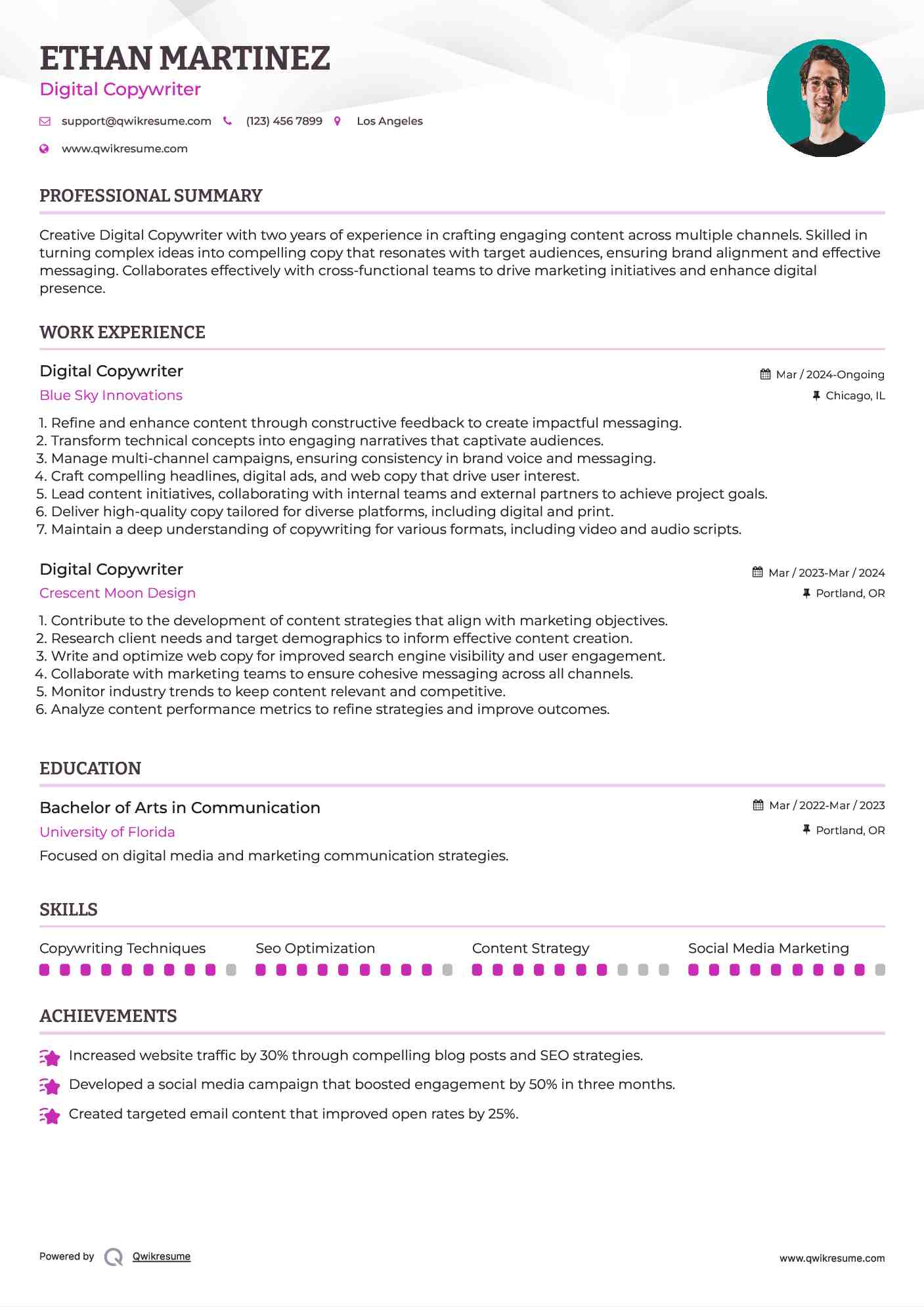 Digital Copywriter Resume Model