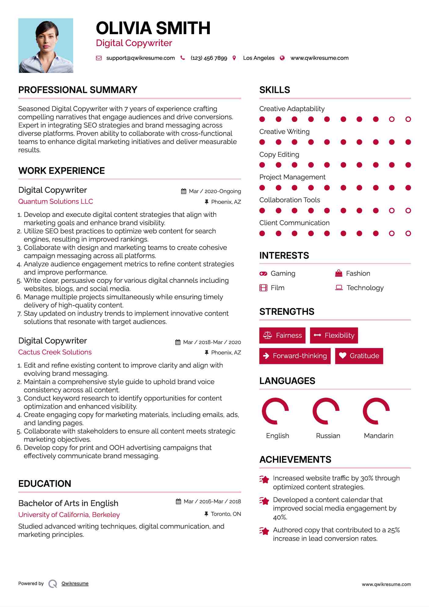 Digital Copywriter Resume Format