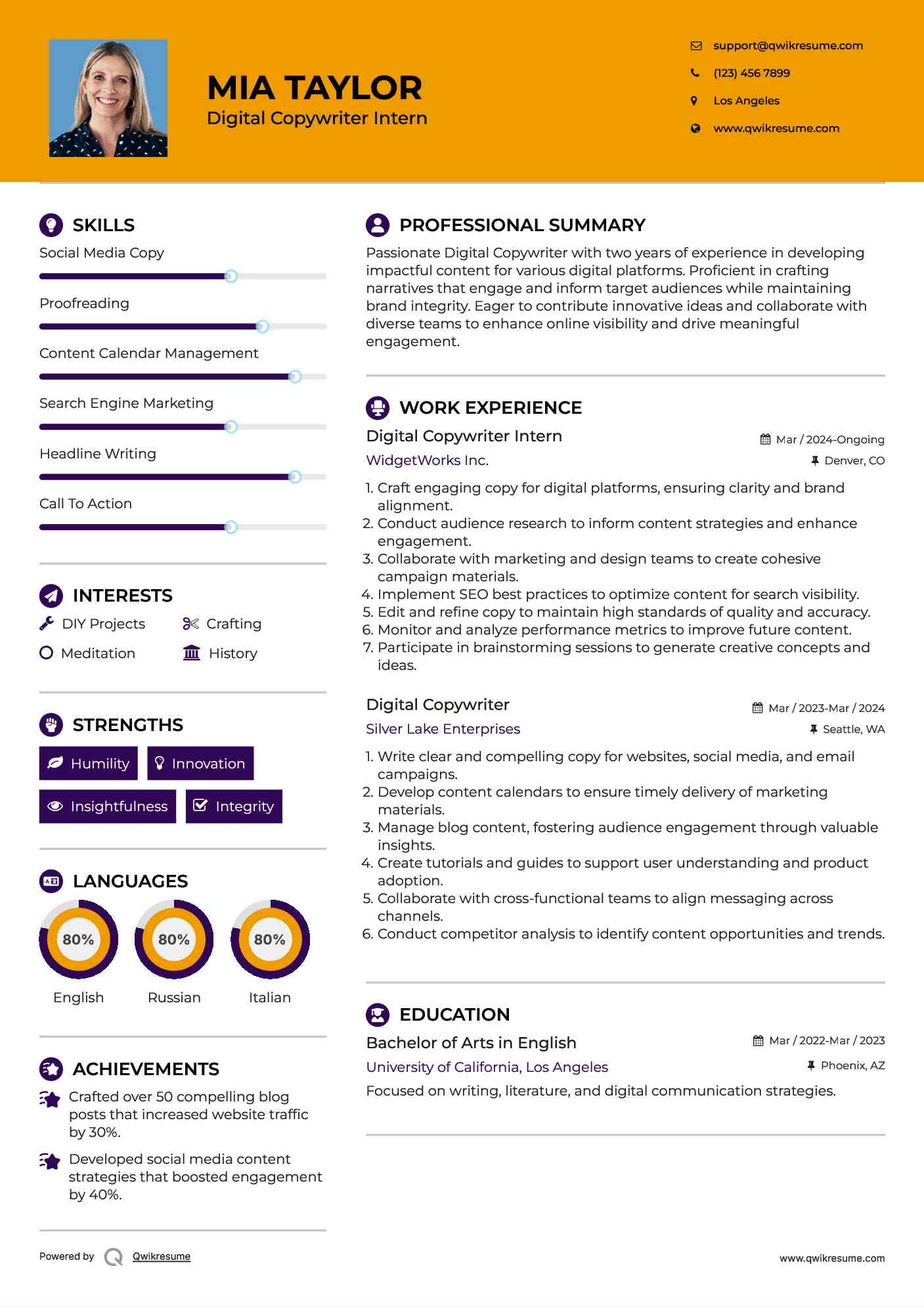 Digital Copywriter Intern Resume Template