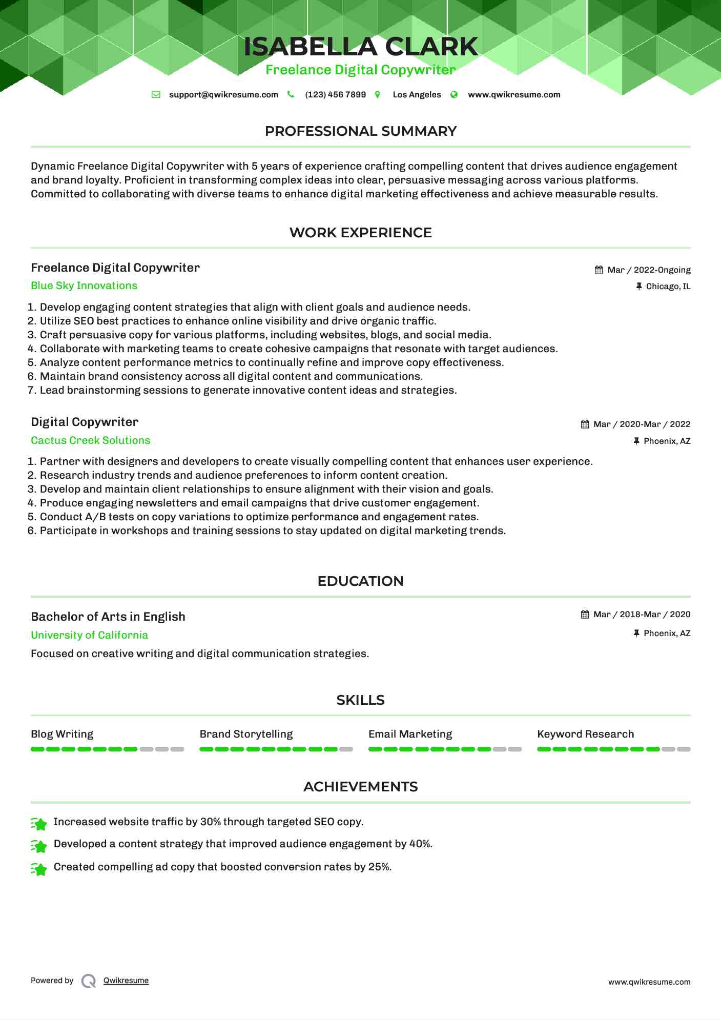 Freelance Digital Copywriter Resume Format