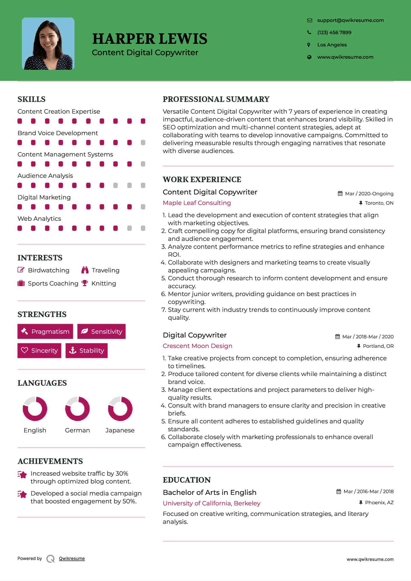 Content Digital Copywriter Resume Sample