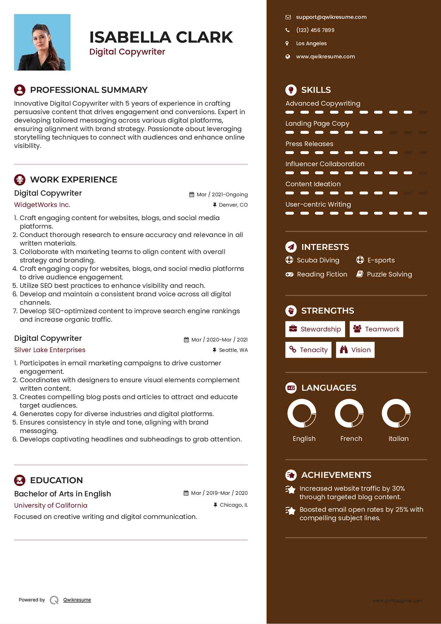 Digital Copywriter Resume Format