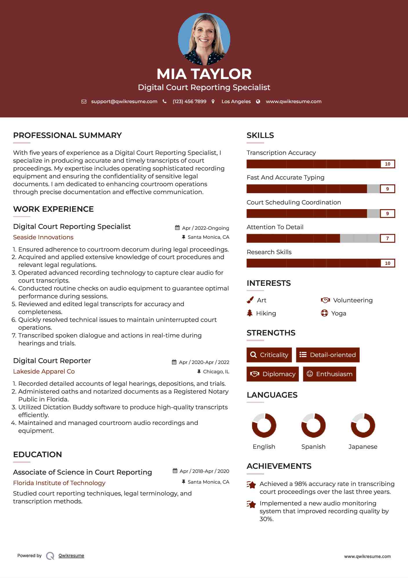 Digital Court Reporting Specialist Resume Template