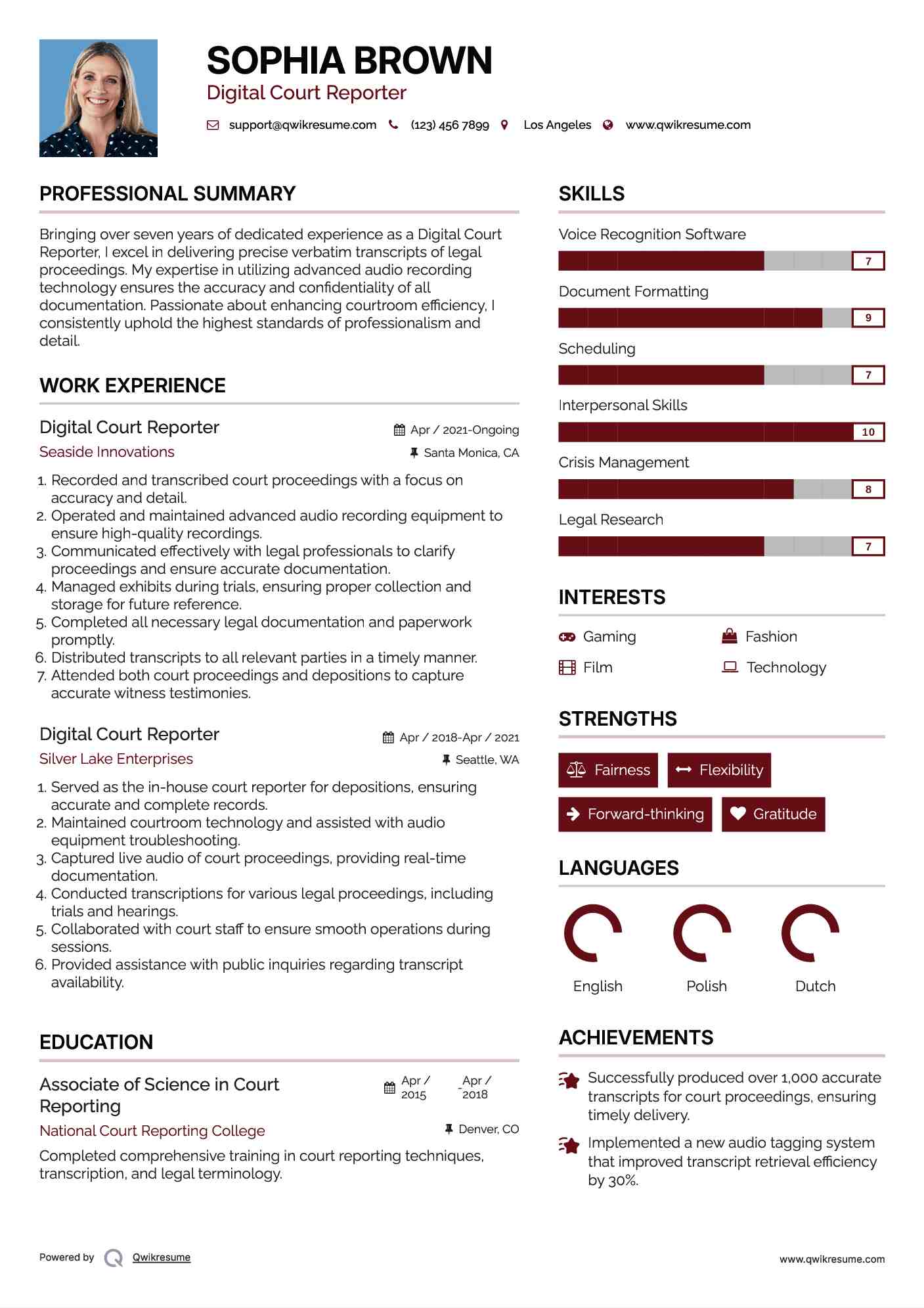 Digital Court Reporter Resume Model