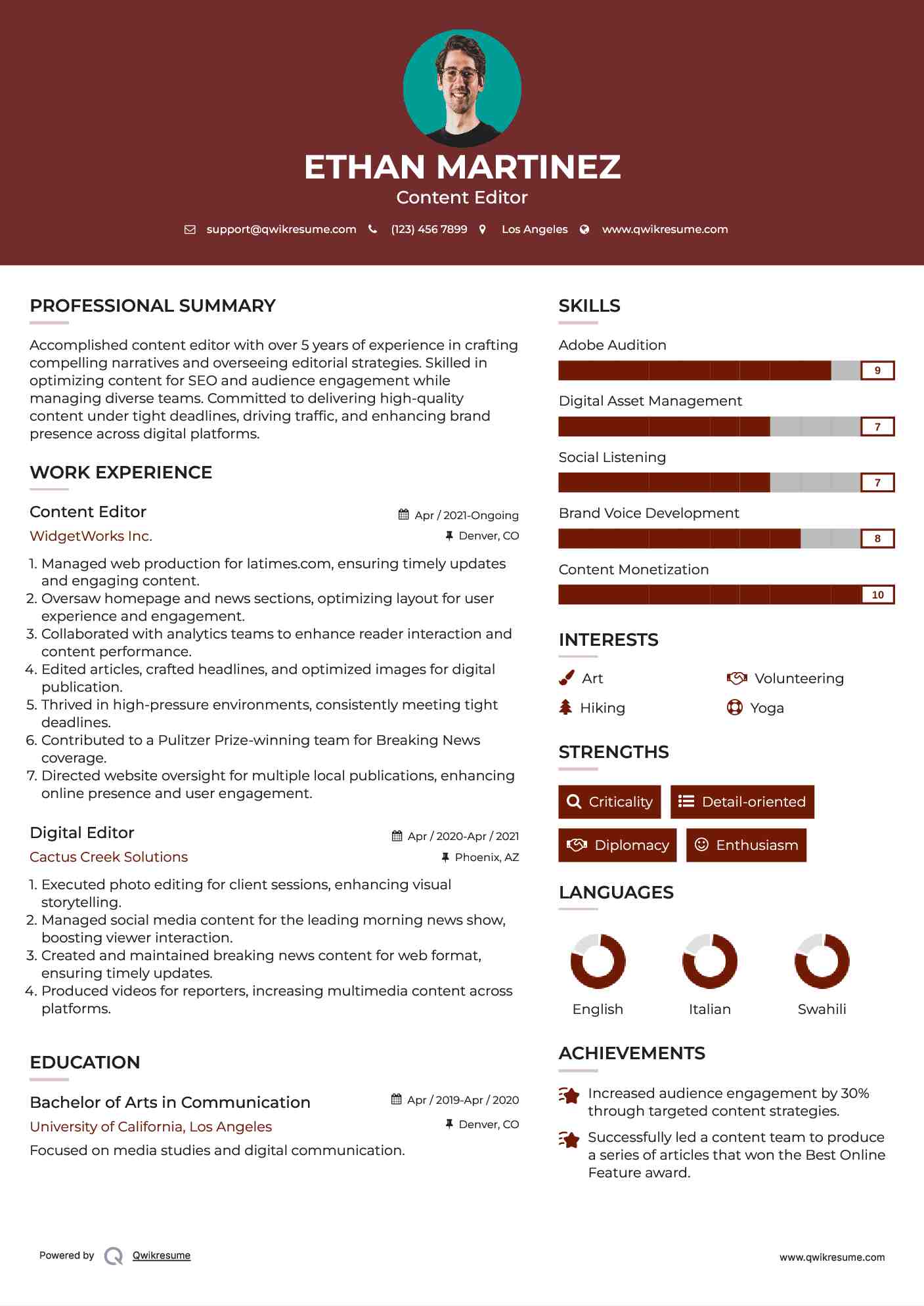 Content Editor Resume Sample