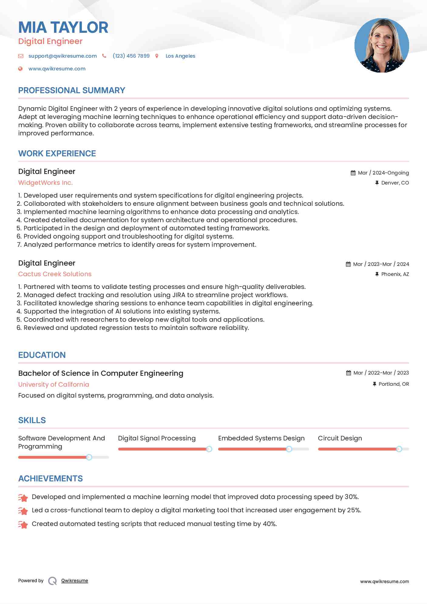 Digital Engineer Resume Samples QwikResume