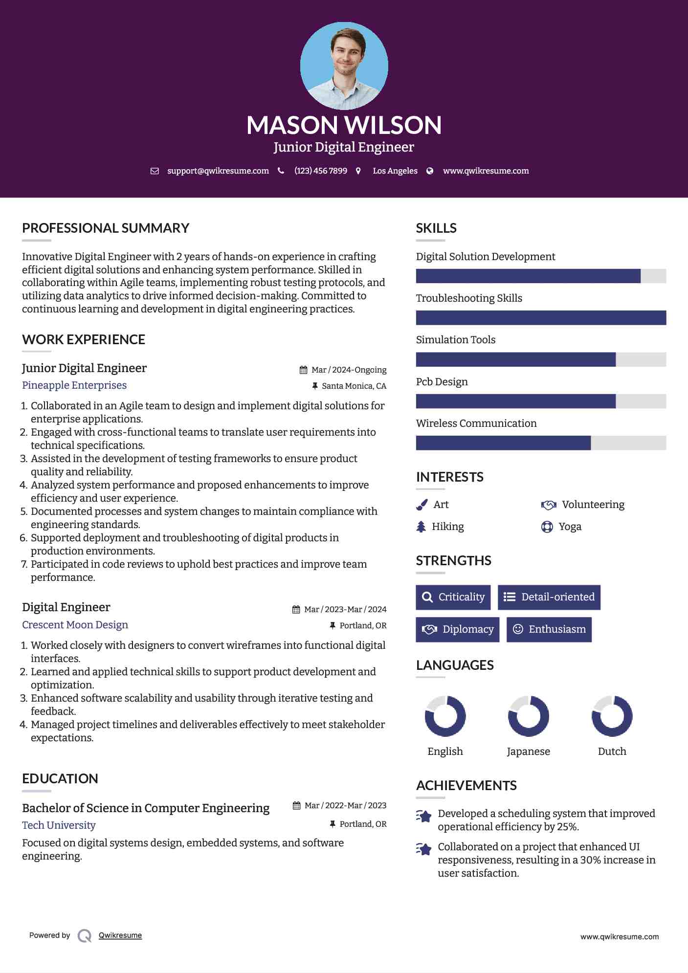 Digital Engineer Resume Samples QwikResume