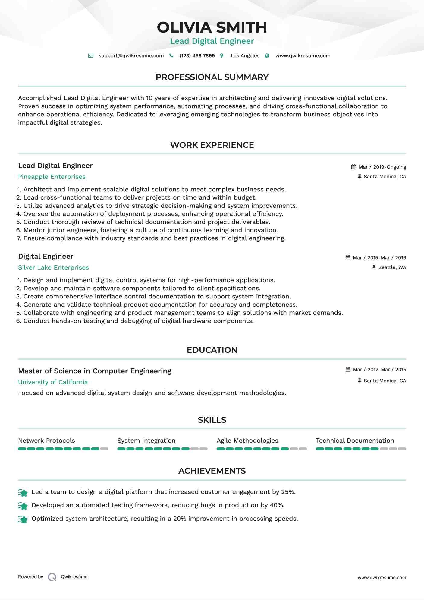 Lead Digital Engineer Resume Format