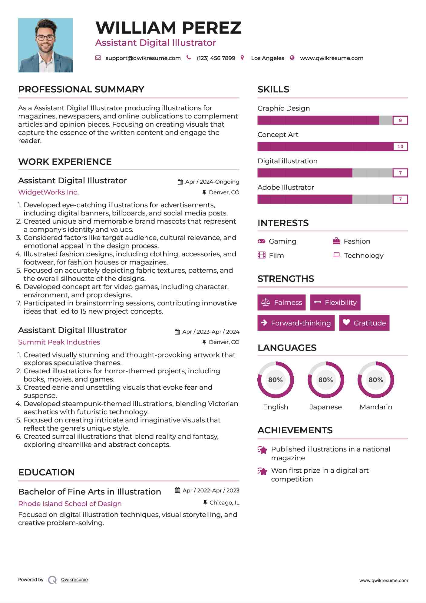 Assistant Digital Illustrator Resume Example