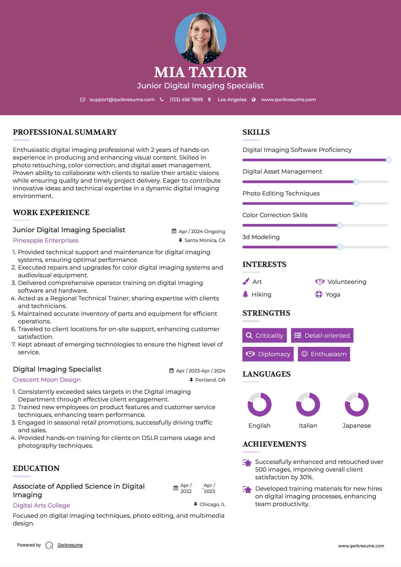 Digital Imaging Specialist Resume Samples QwikResume