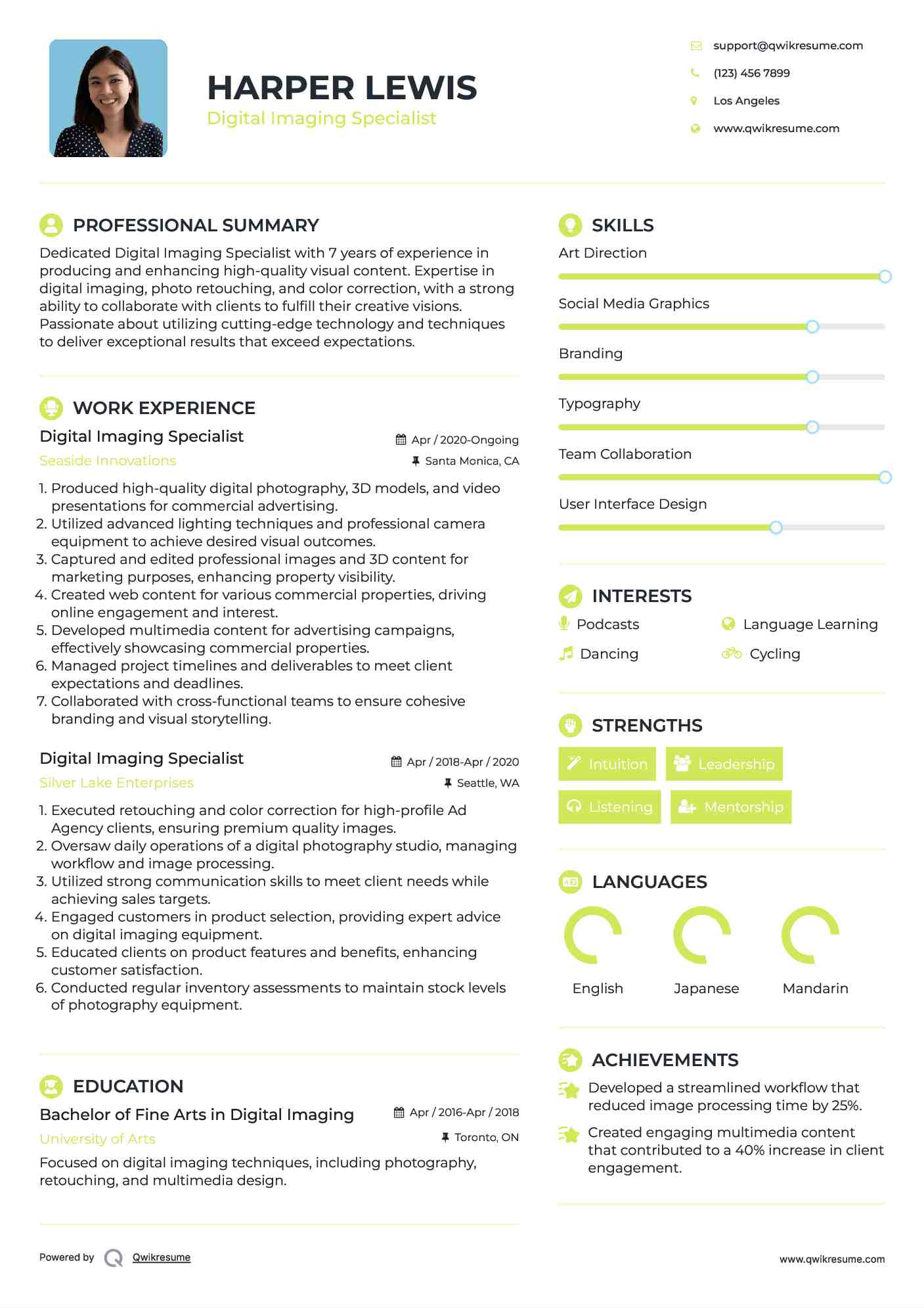 Digital Imaging Specialist Resume Sample