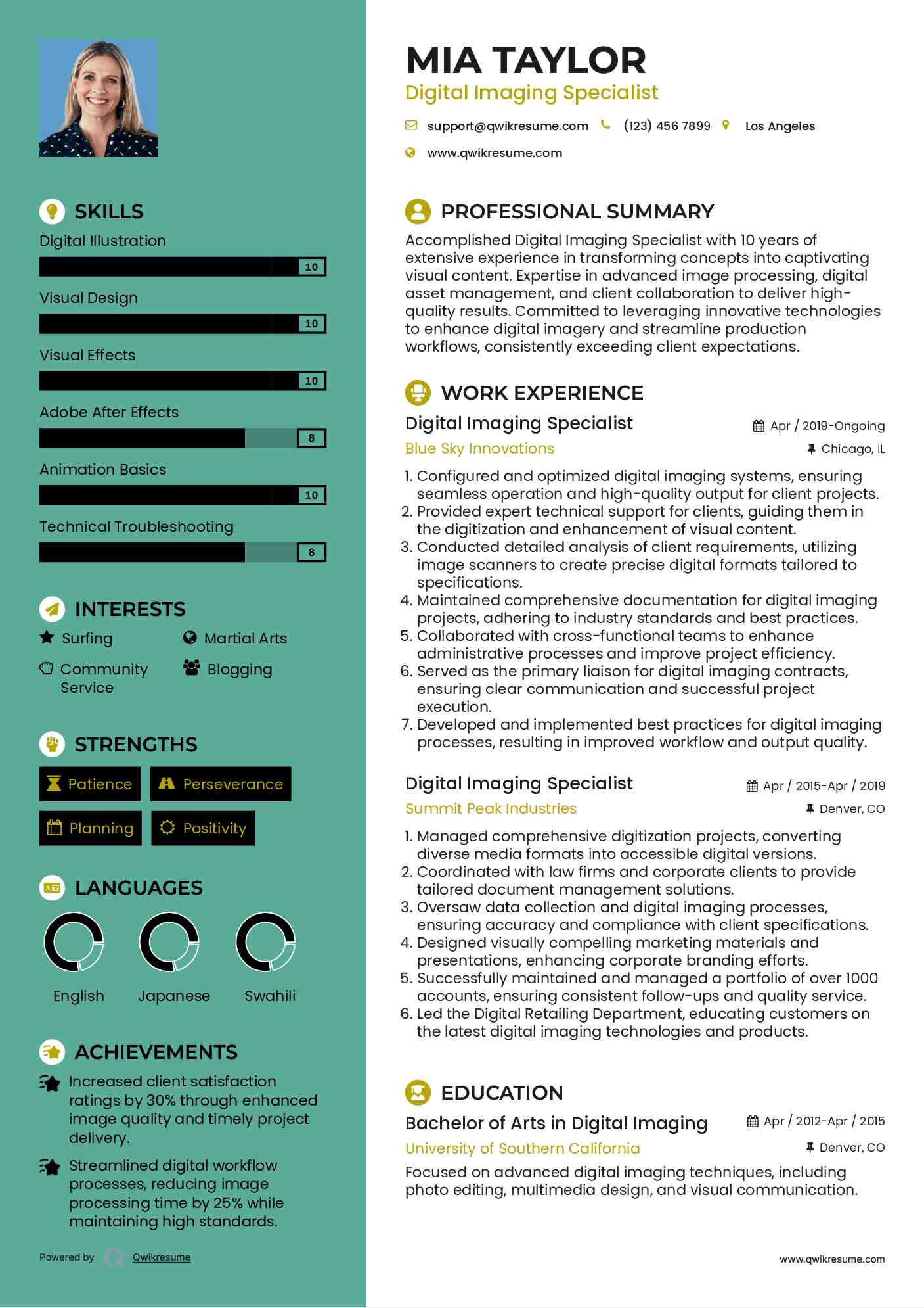 Digital Imaging Specialist Resume Example