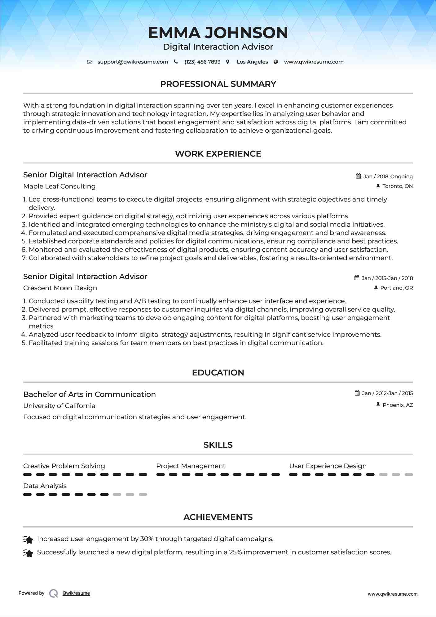 Senior Digital Interaction Advisor Resume Model
