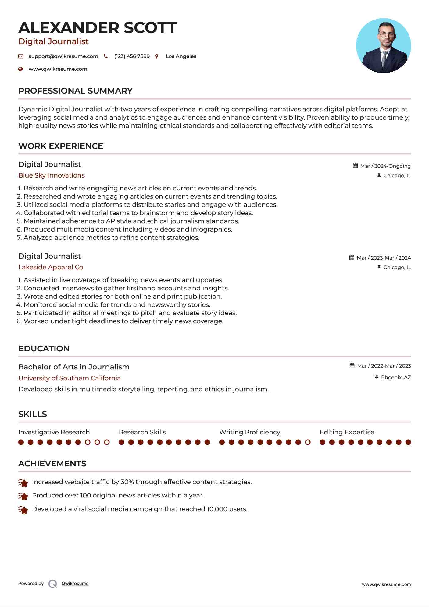 Digital Journalist Resume Sample