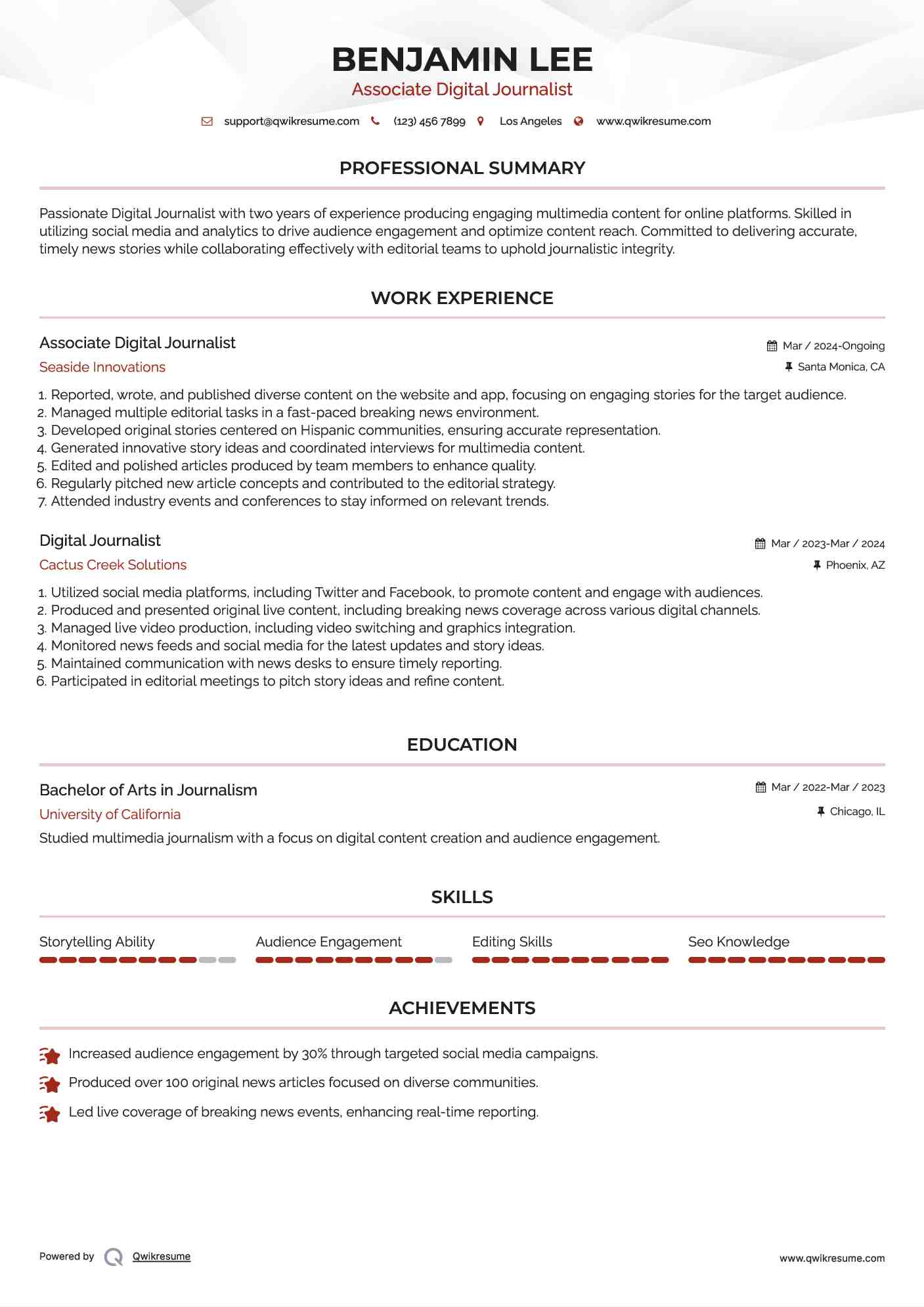 Digital Journalist Resume Example
