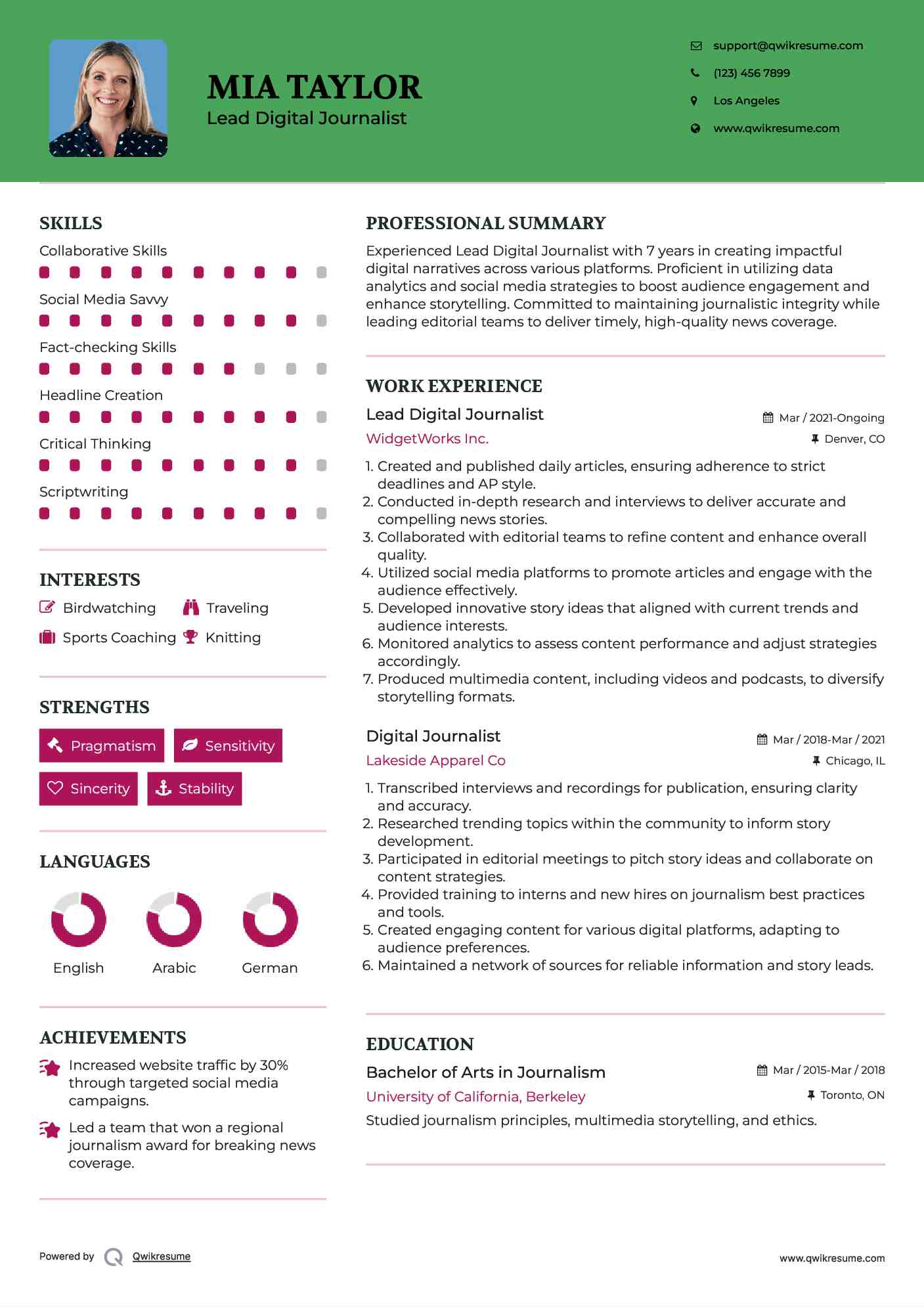 Digital Journalist Resume Sample