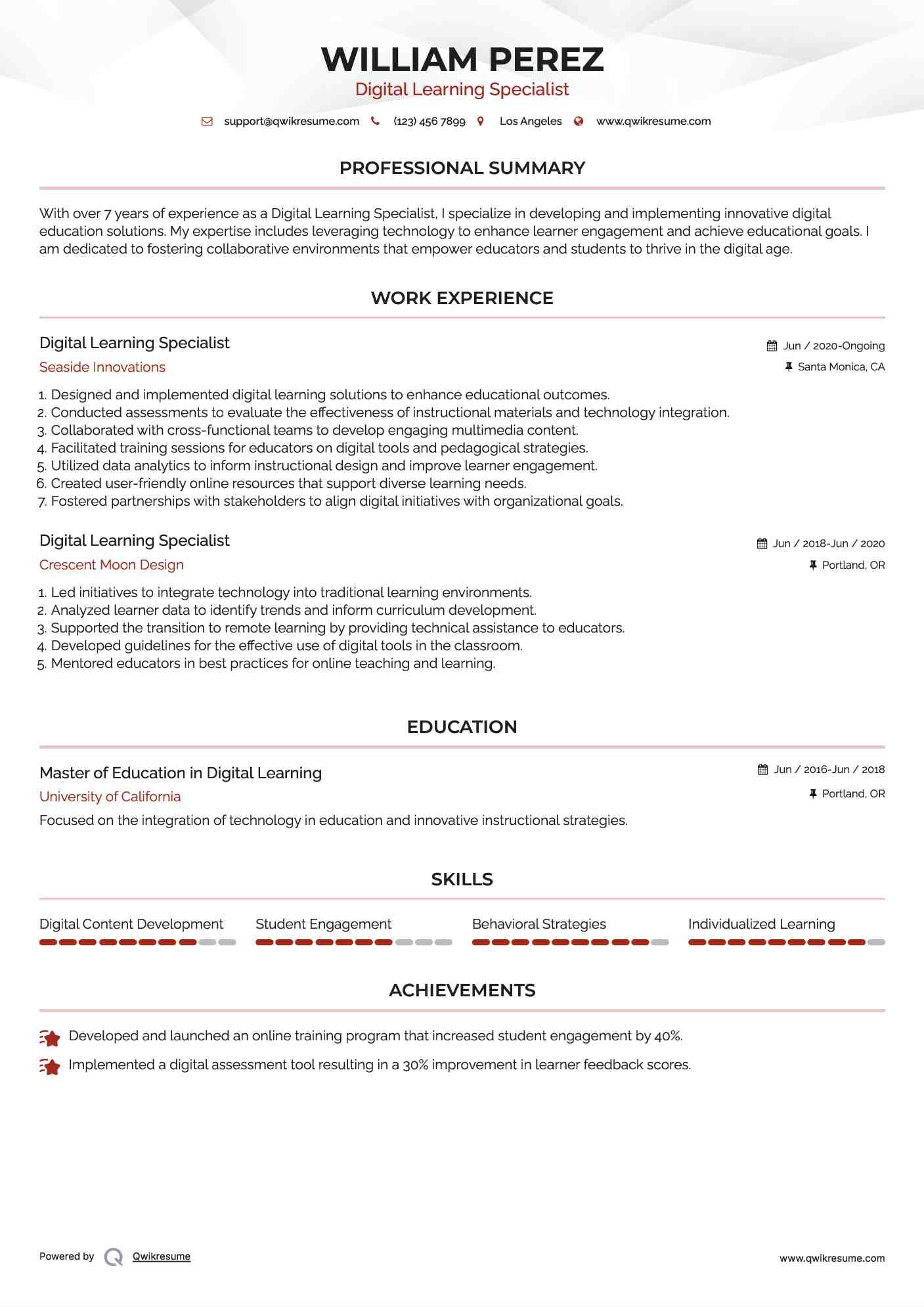 Digital Learning Specialist Resume Example