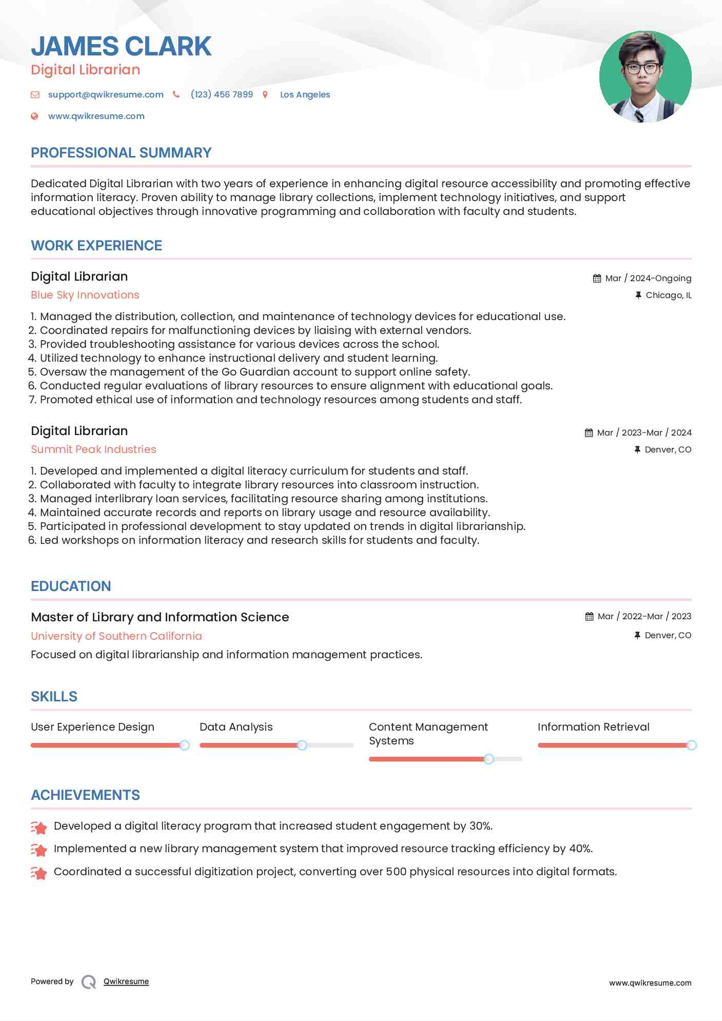 Digital Librarian Resume Example