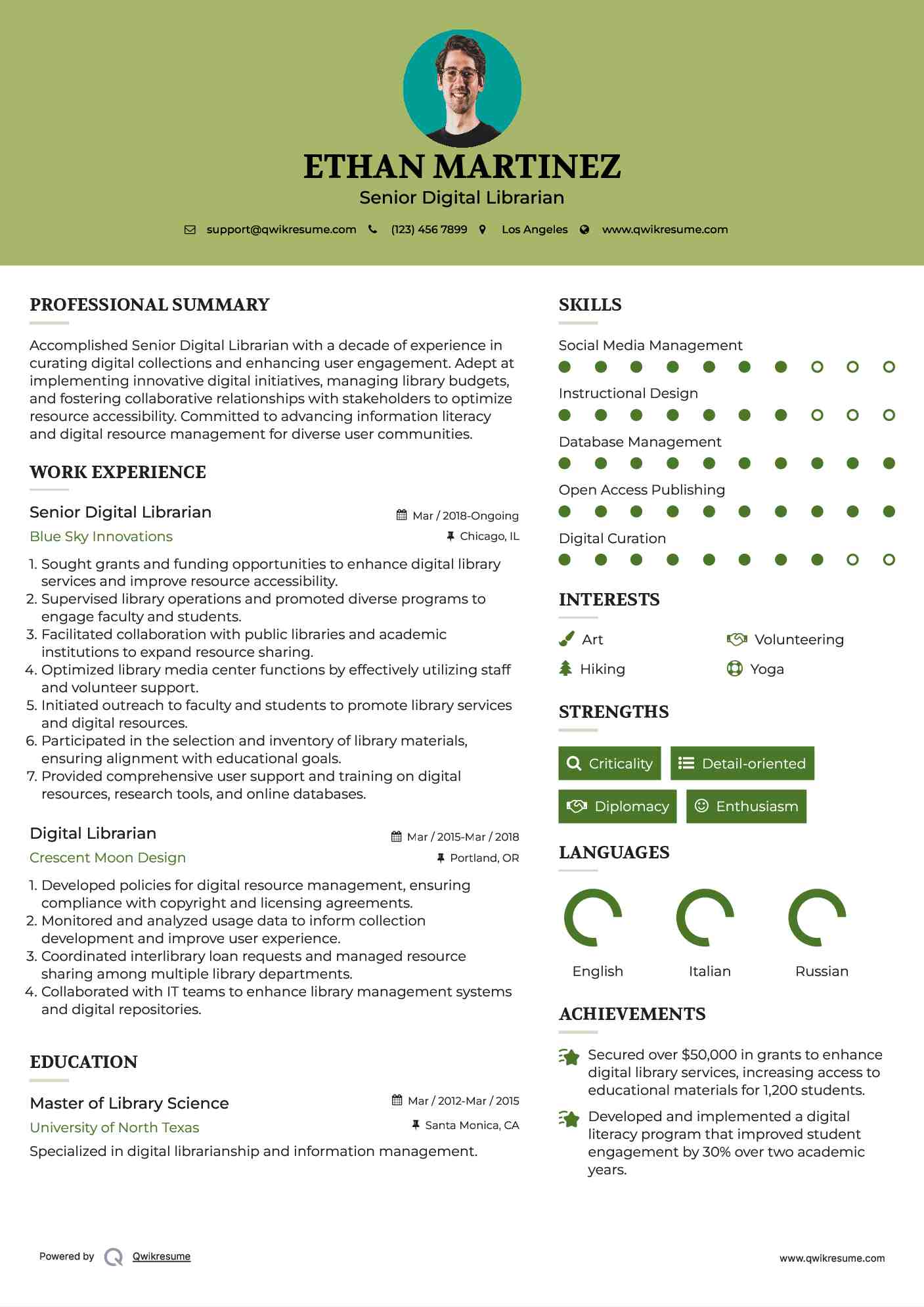 Senior Digital Librarian Resume Model